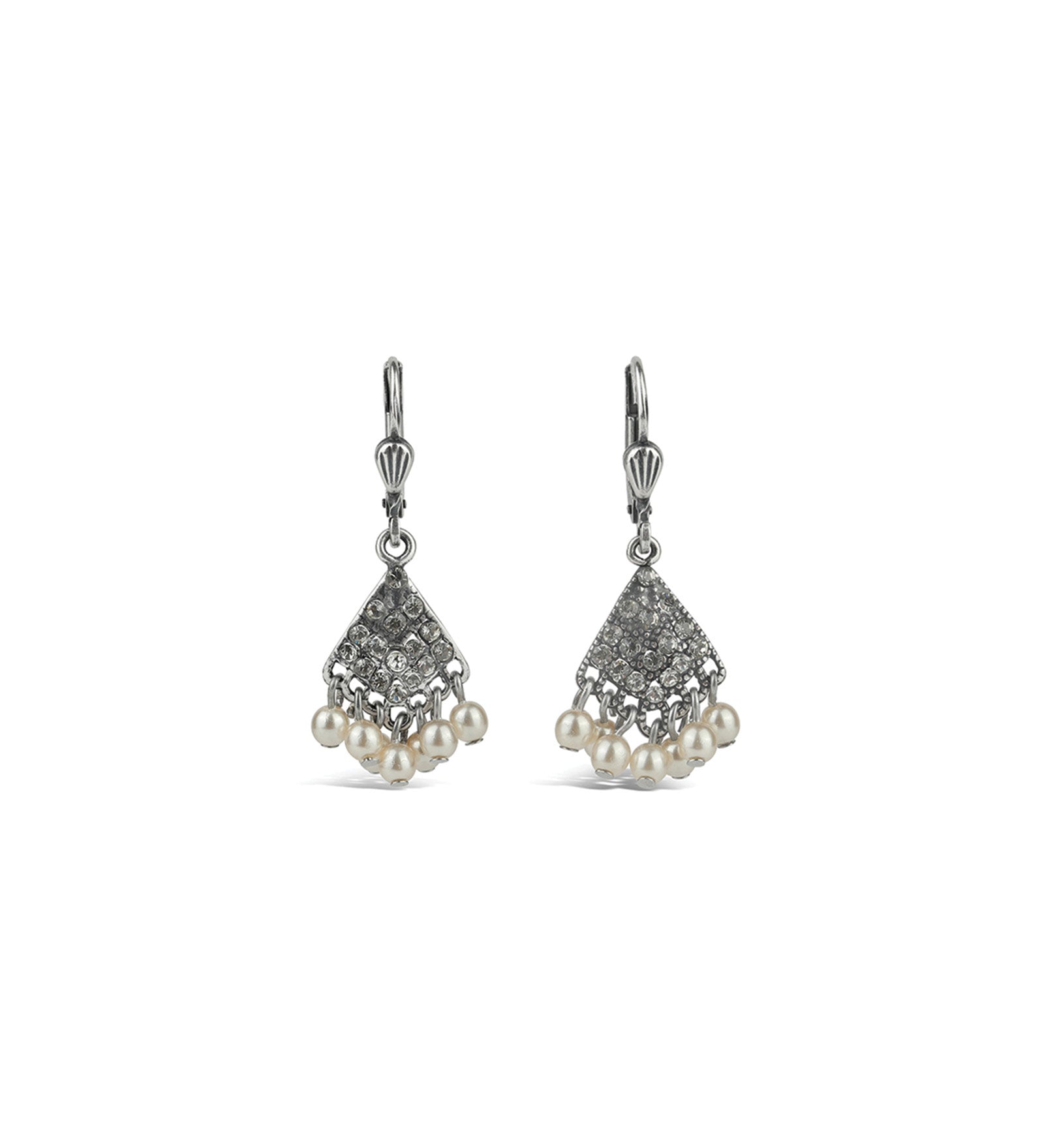 La Vie Parisienne-Fan Pearl Drop Hooks-Earrings-Silver Plated, White Pearl, Black Diamond Crystal-Blue Ruby Jewellery-Vancouver Canada