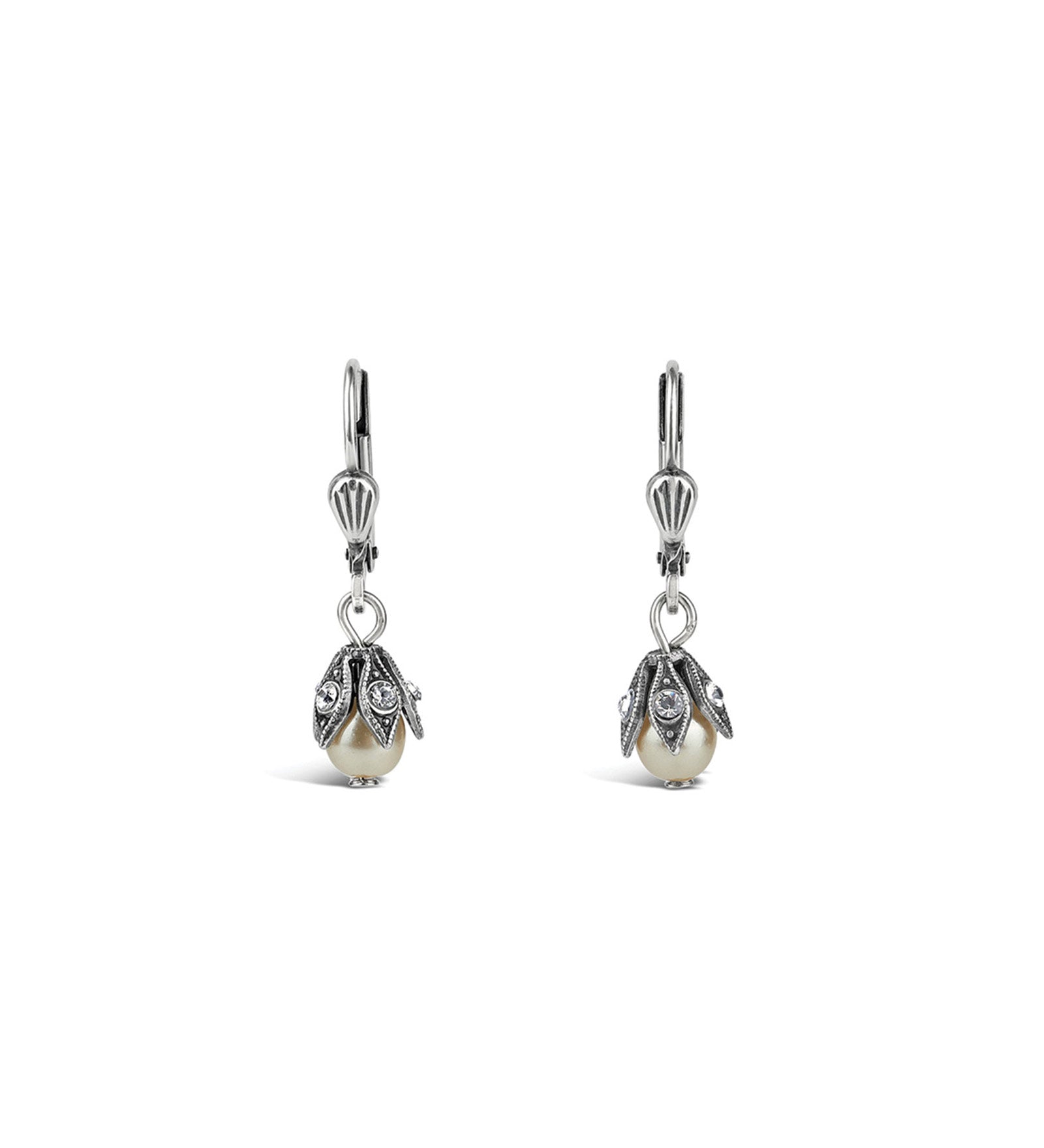 La Vie Parisienne-Leaf Cap Drop Hooks-Earrings-Silver Plated, White Pearl, Black Diamond Crystal-Blue Ruby Jewellery-Vancouver Canada