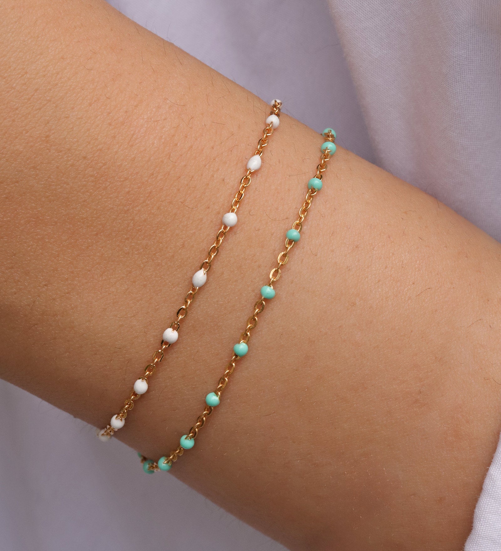1948-Enamel Beaded Chain Bracelet-Bracelets-14k Gold Filled, Green Turquoise Enamel-Blue Ruby Jewellery-Vancouver Canada