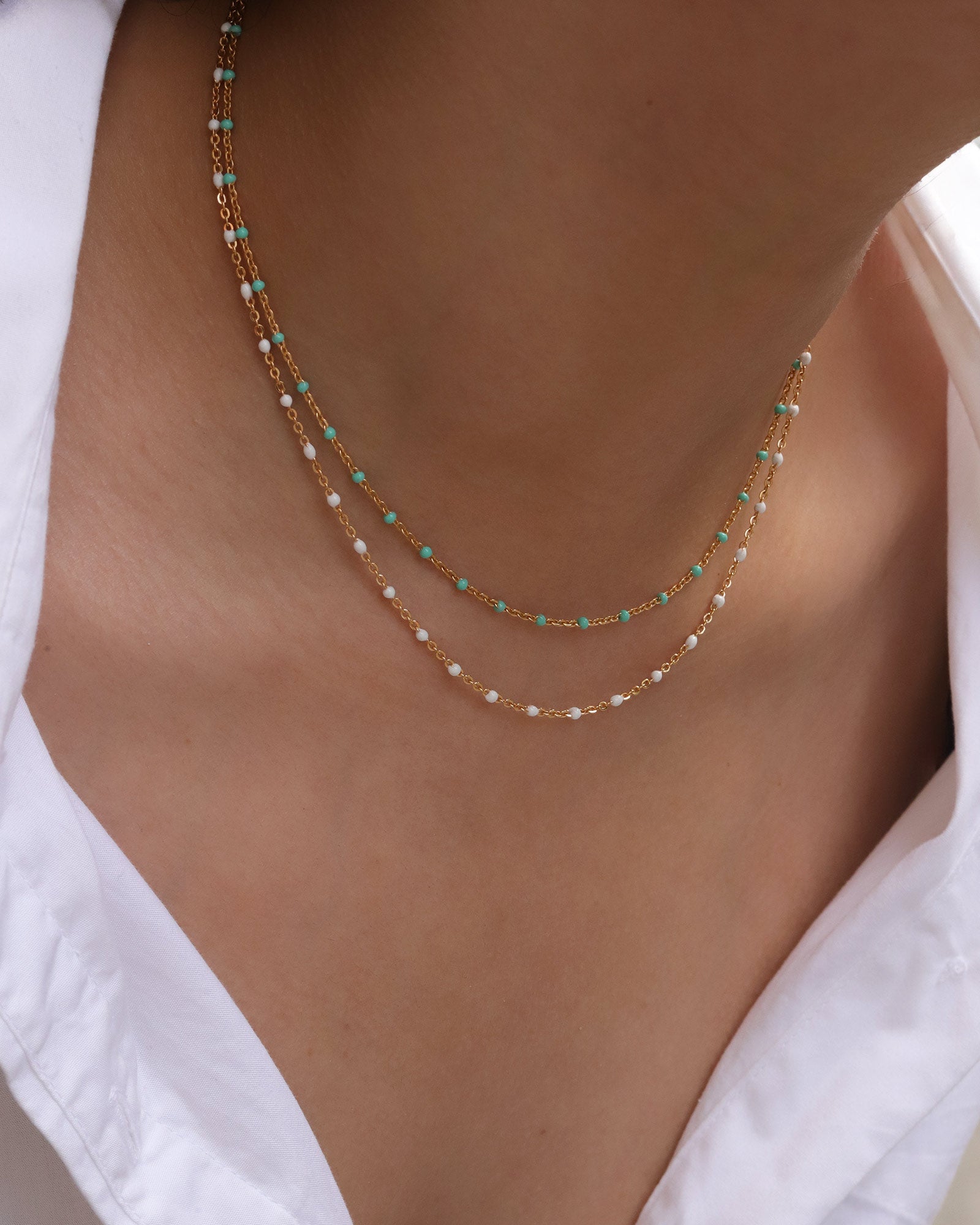 1948-Enamel Beaded Chain Necklace-Necklaces-14k Gold Filled, White Enamel-Blue Ruby Jewellery-Vancouver Canada