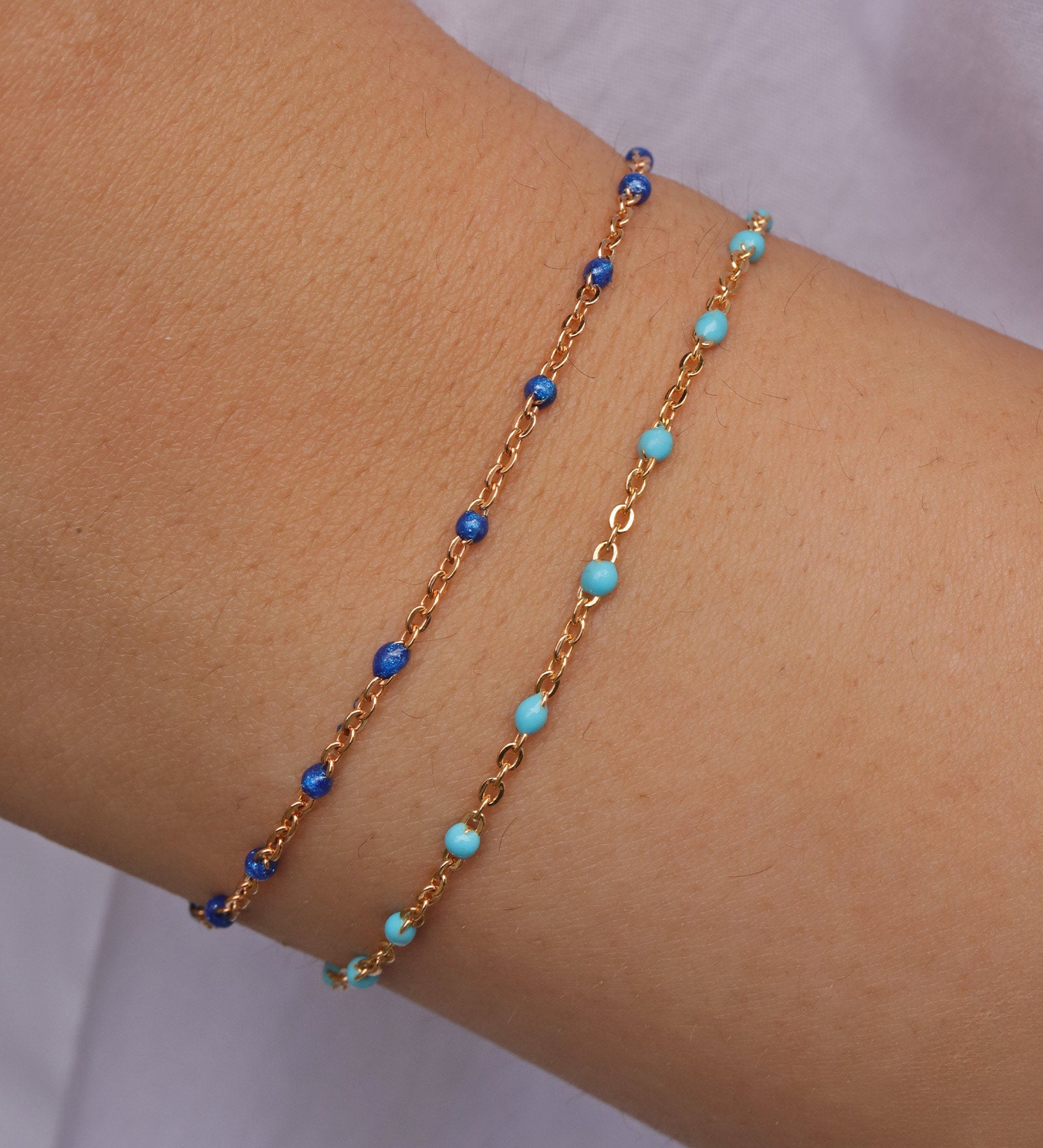 1948-Enamel Beaded Chain Bracelet-Bracelets-14k Gold Filled, Blue Turquoise Enamel-Blue Ruby Jewellery-Vancouver Canada