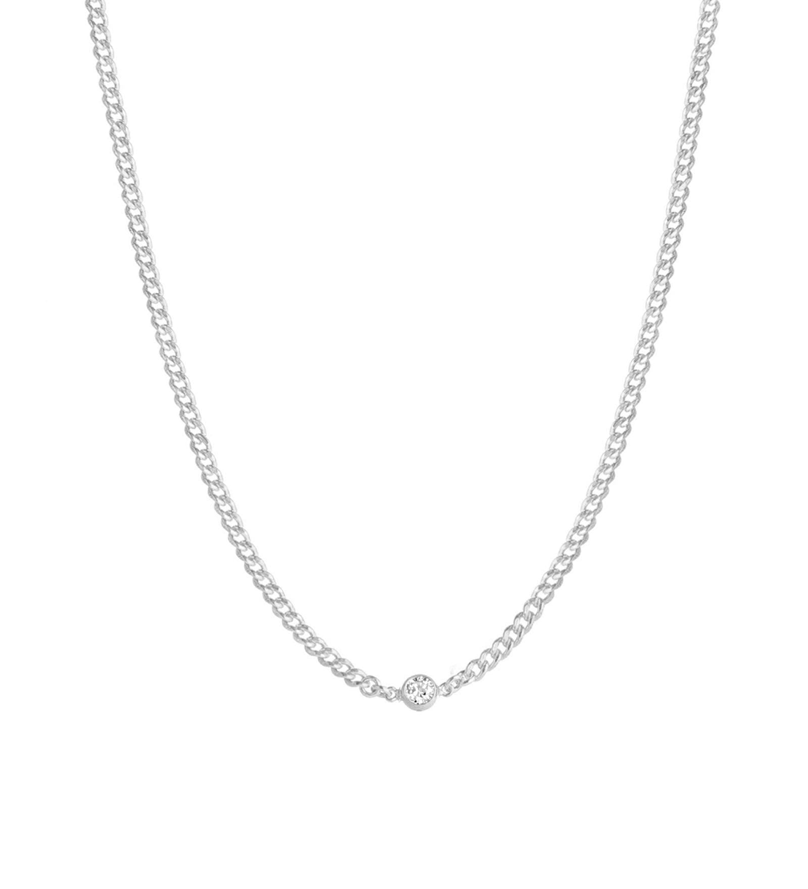 Single CZ Small Curb Chain Necklace Sterling Silver, Cubic Zirconia