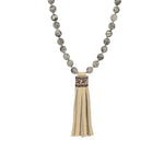 Mala Tassle Necklace Grey Agate, Leather