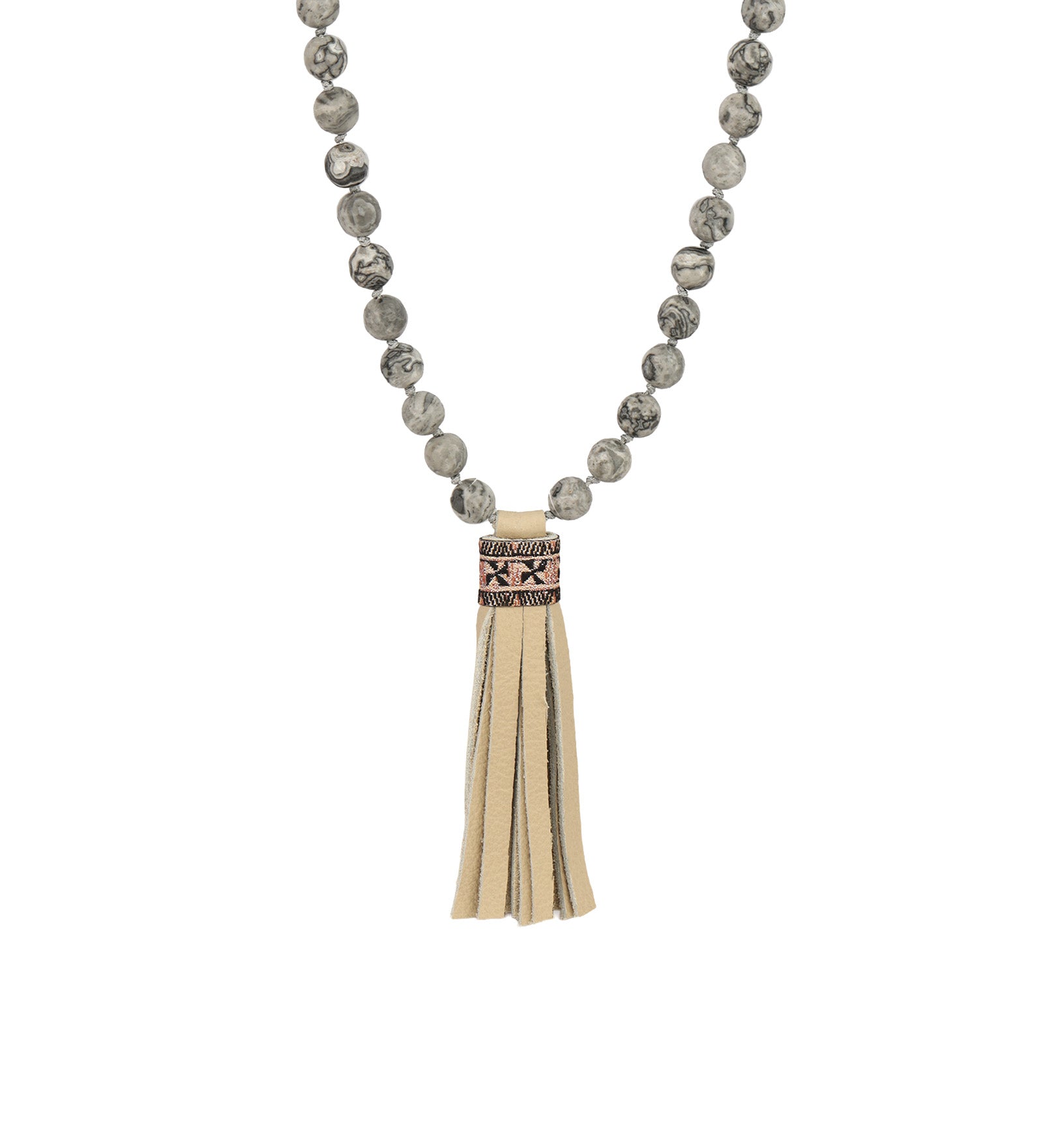 Mala Tassle Necklace Grey Agate, Leather