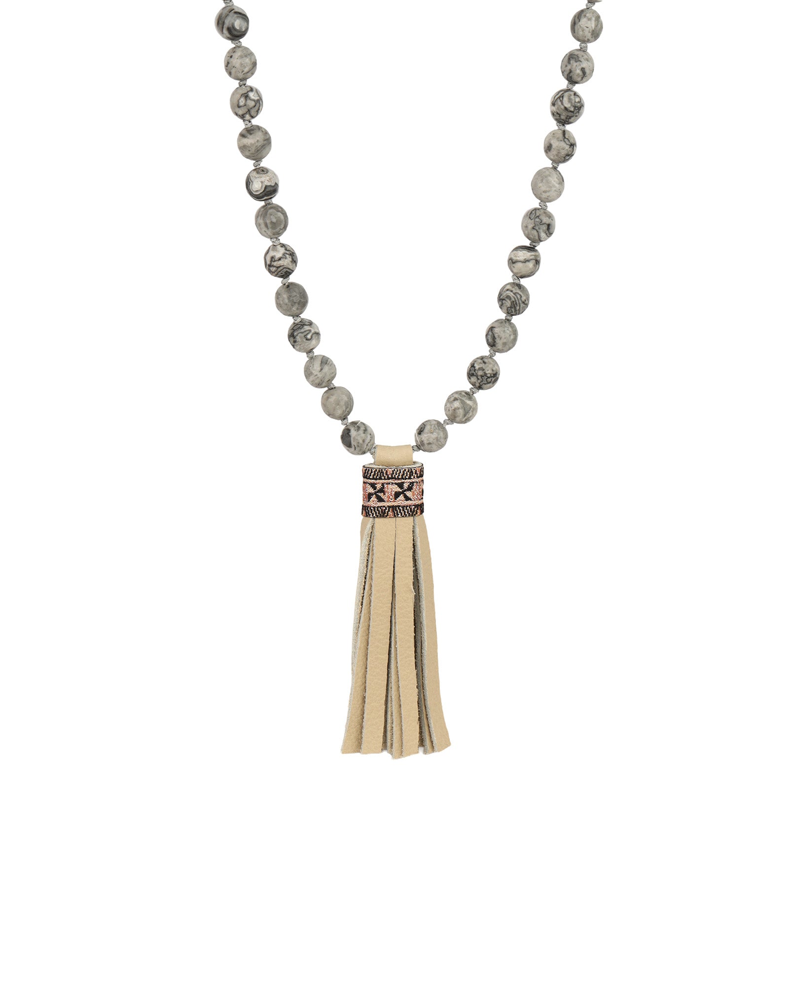 Mala Tassle Necklace Grey Agate, Leather