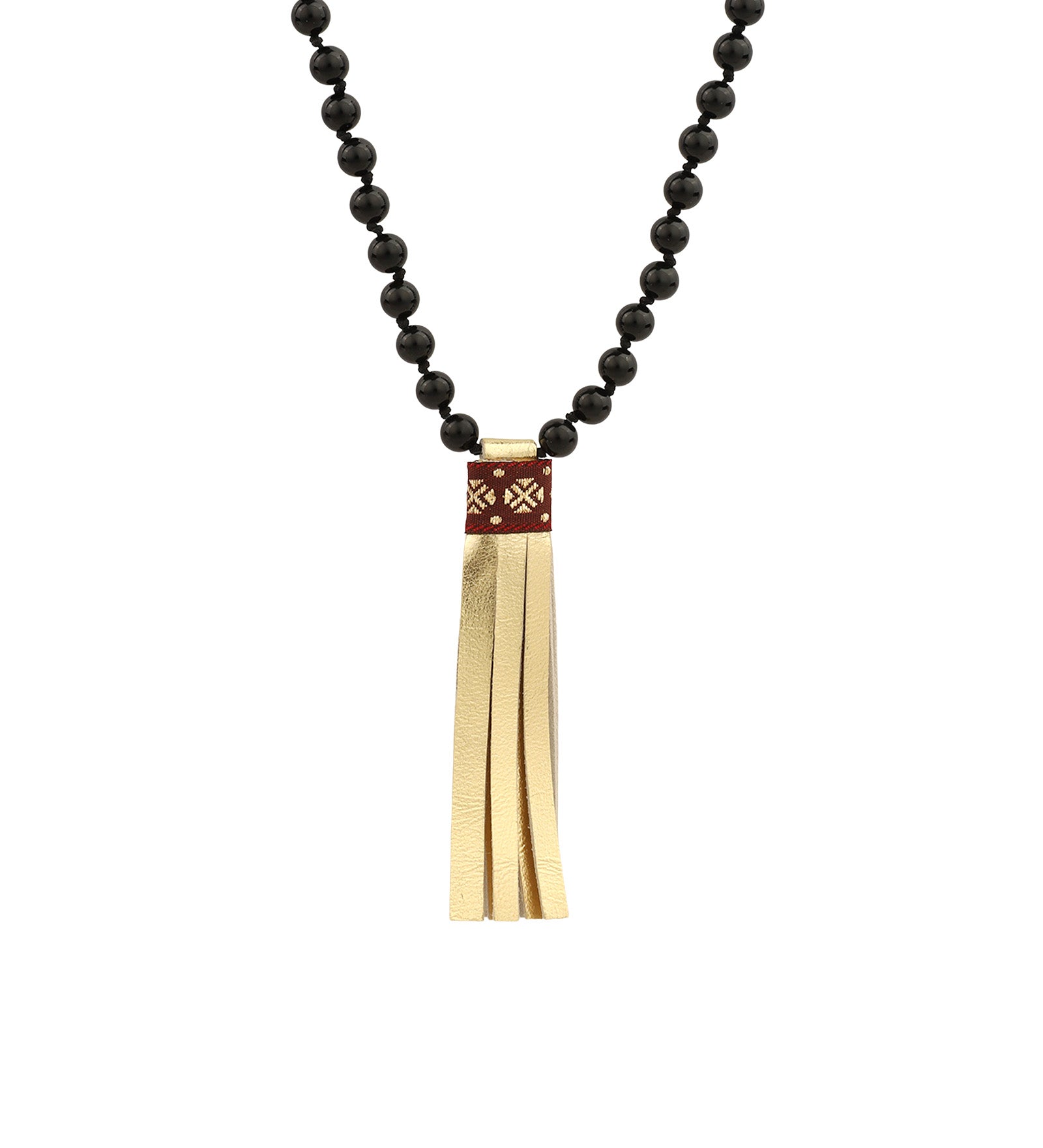 Mala Tassle Necklace Black Onyx, Leather