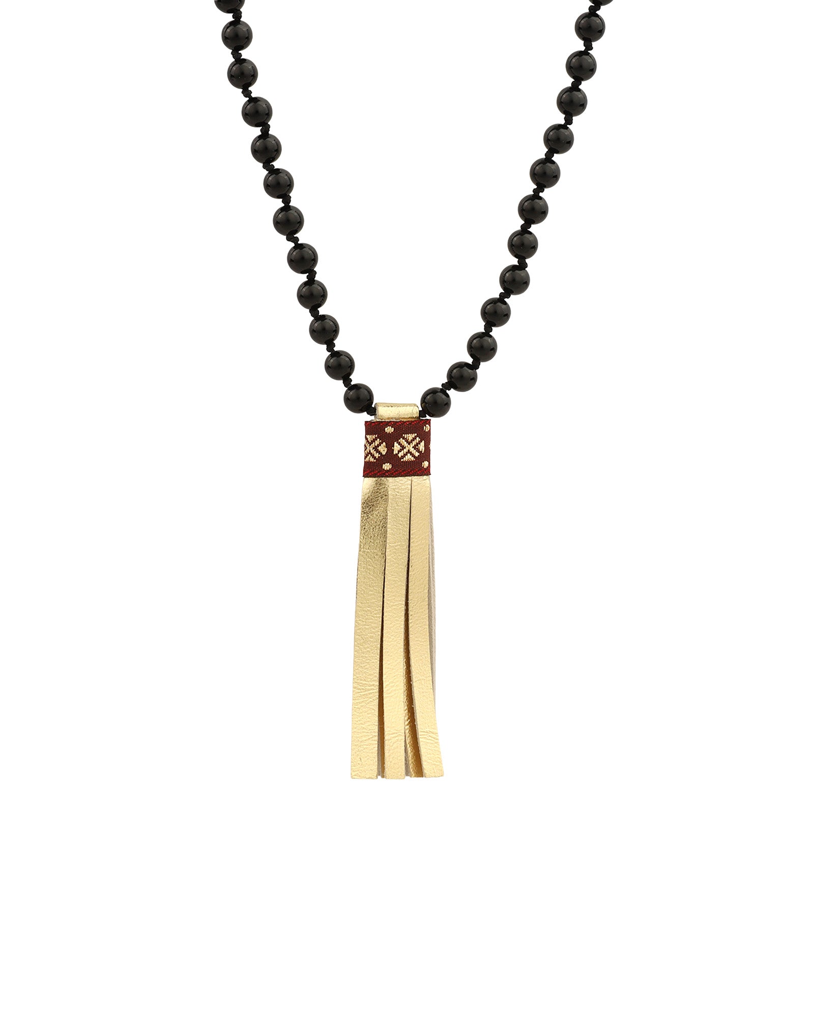 Mala Tassle Necklace Black Onyx, Leather