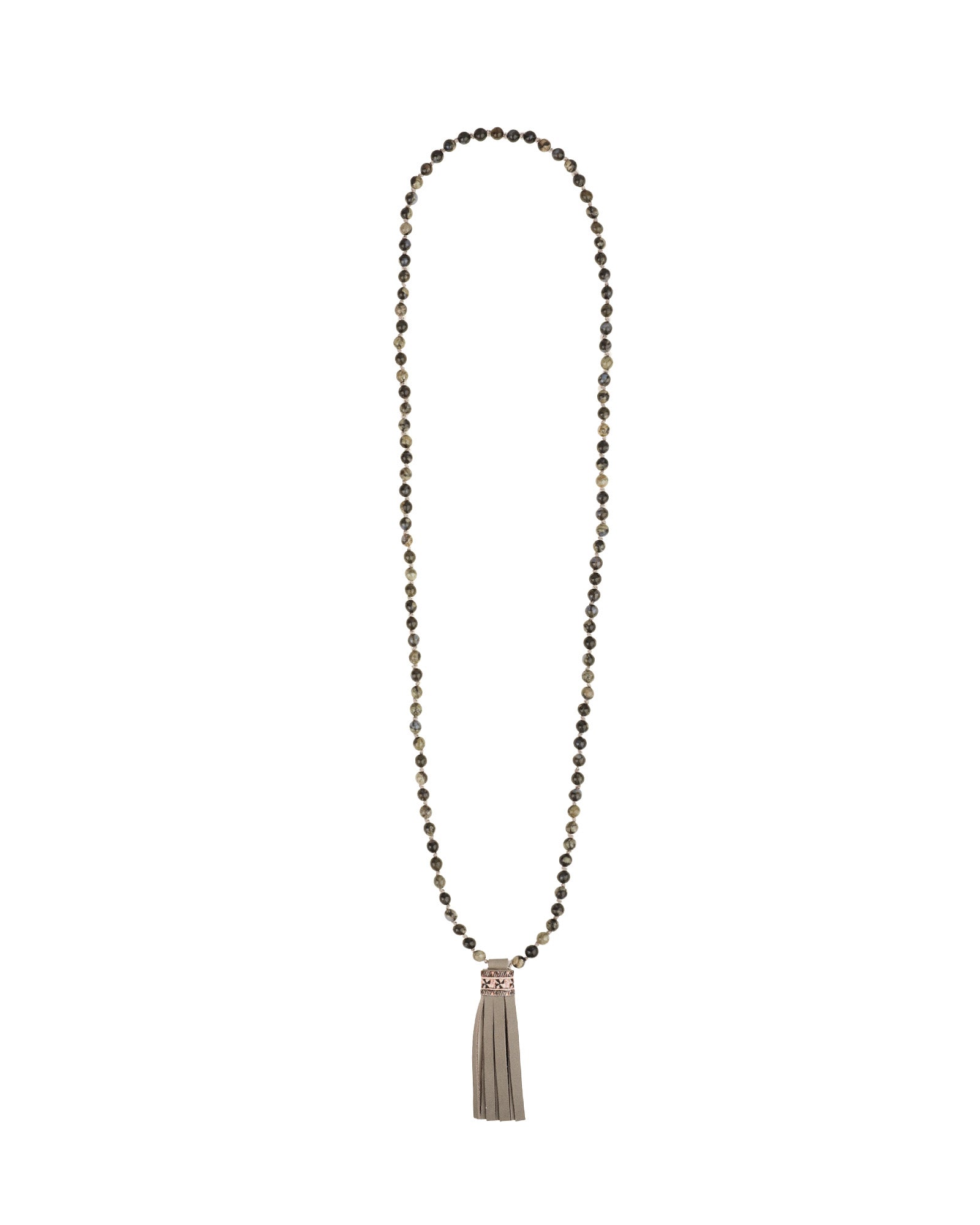 Mala Tassle Necklace Grey Opal, Leather