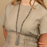 Mala Tassle Necklace Grey Opal, Leather