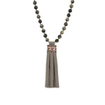 Mala Tassle Necklace Grey Opal, Leather