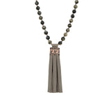 Mala Tassle Necklace Grey Opal, Leather
