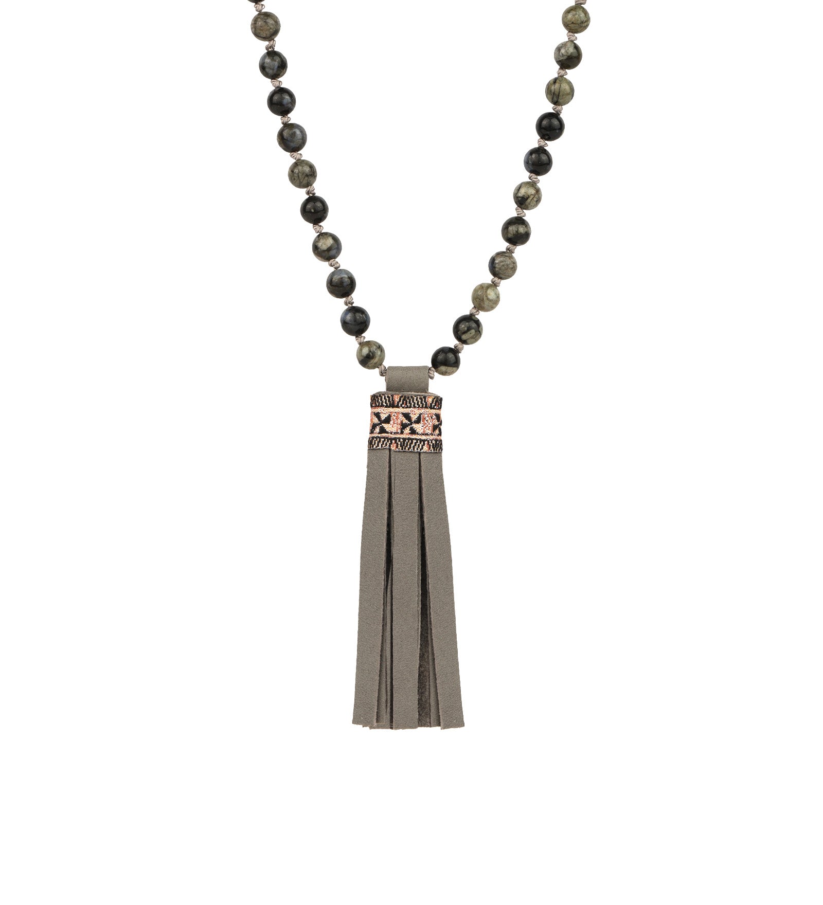 Mala Tassle Necklace Grey Opal, Leather