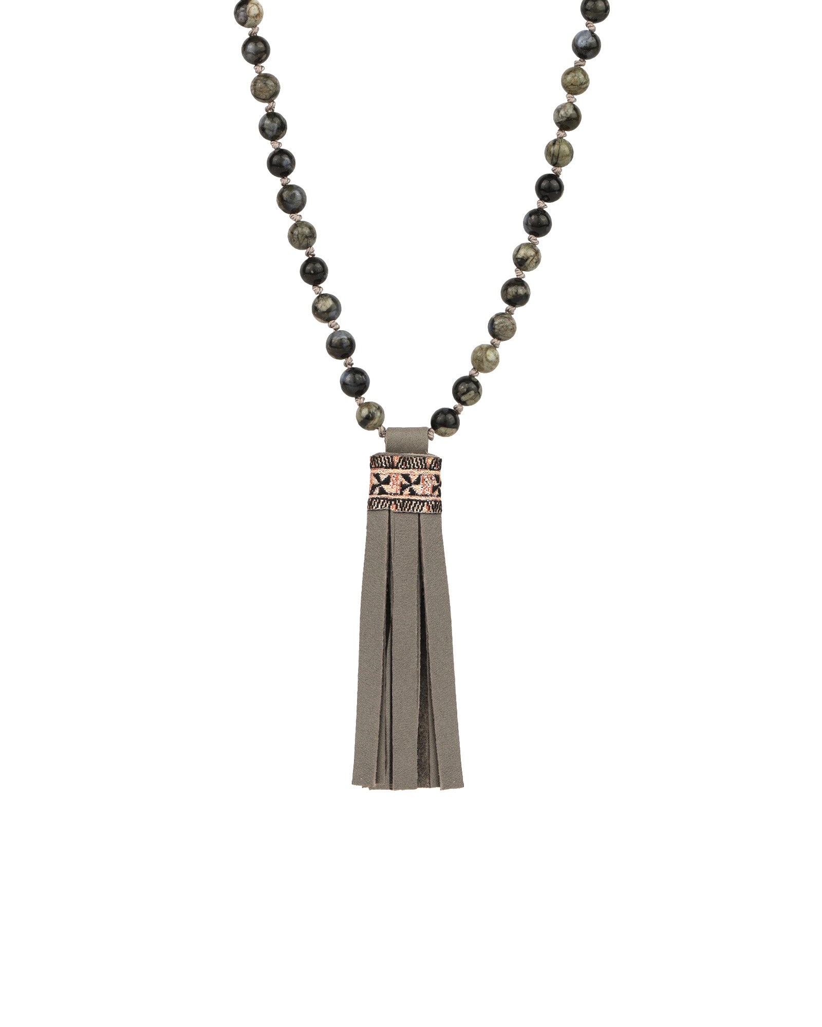 Mala Tassle Necklace Grey Opal, Leather