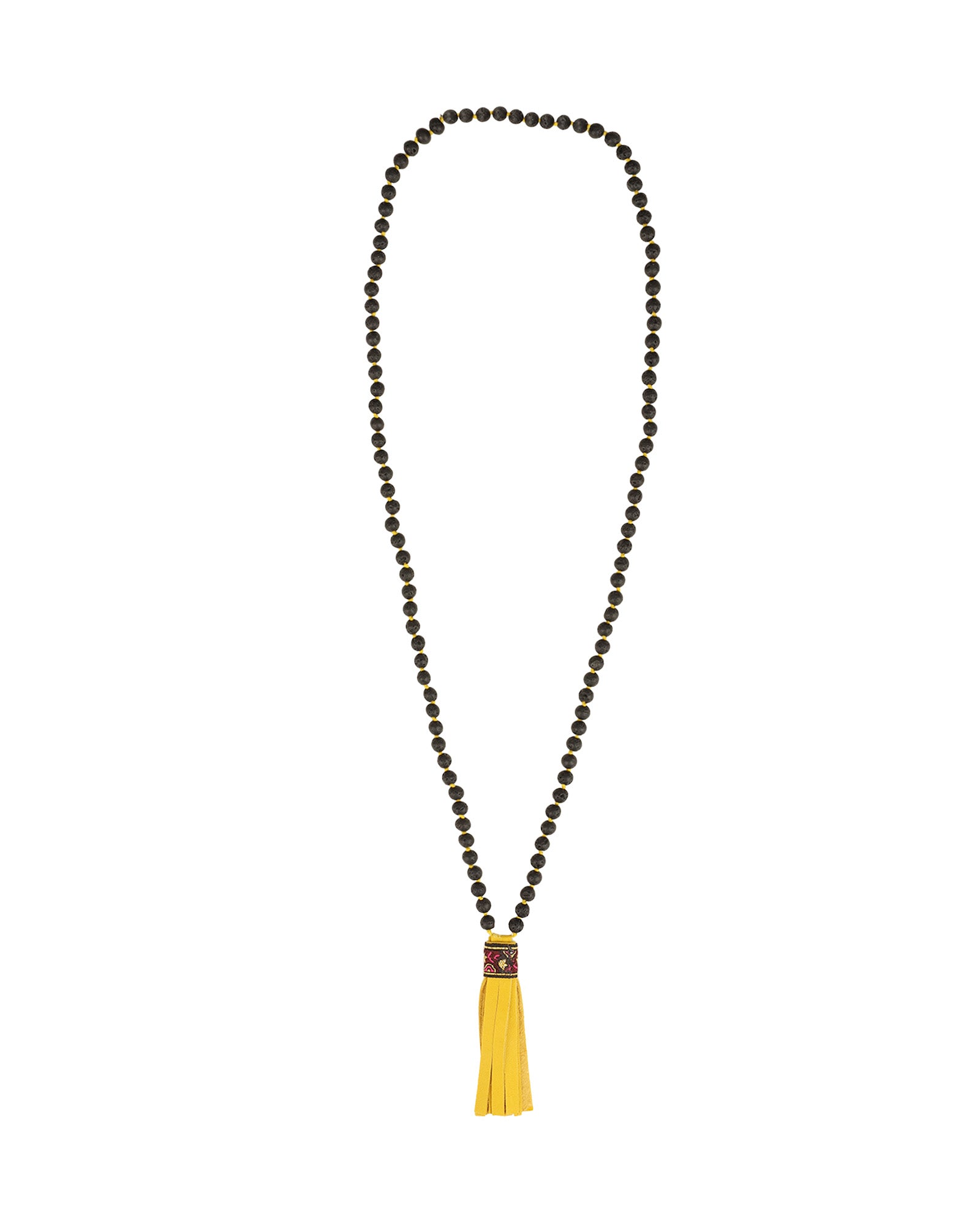 Mala Tassle Necklace Lava Bead, Leather
