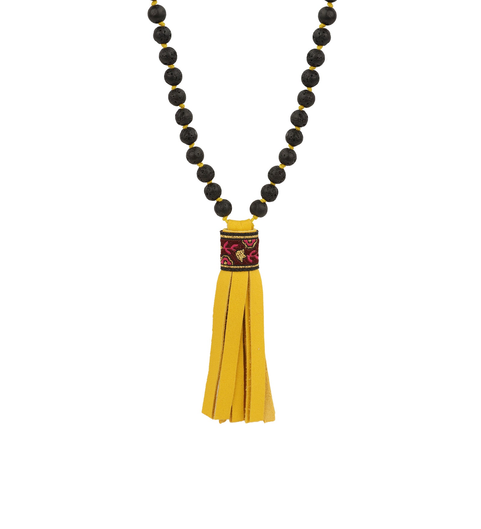 Mala Tassle Necklace Lava Bead, Leather