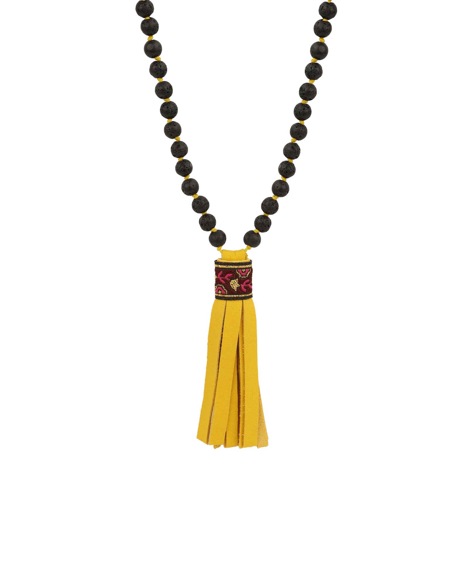Mala Tassle Necklace Lava Bead, Leather