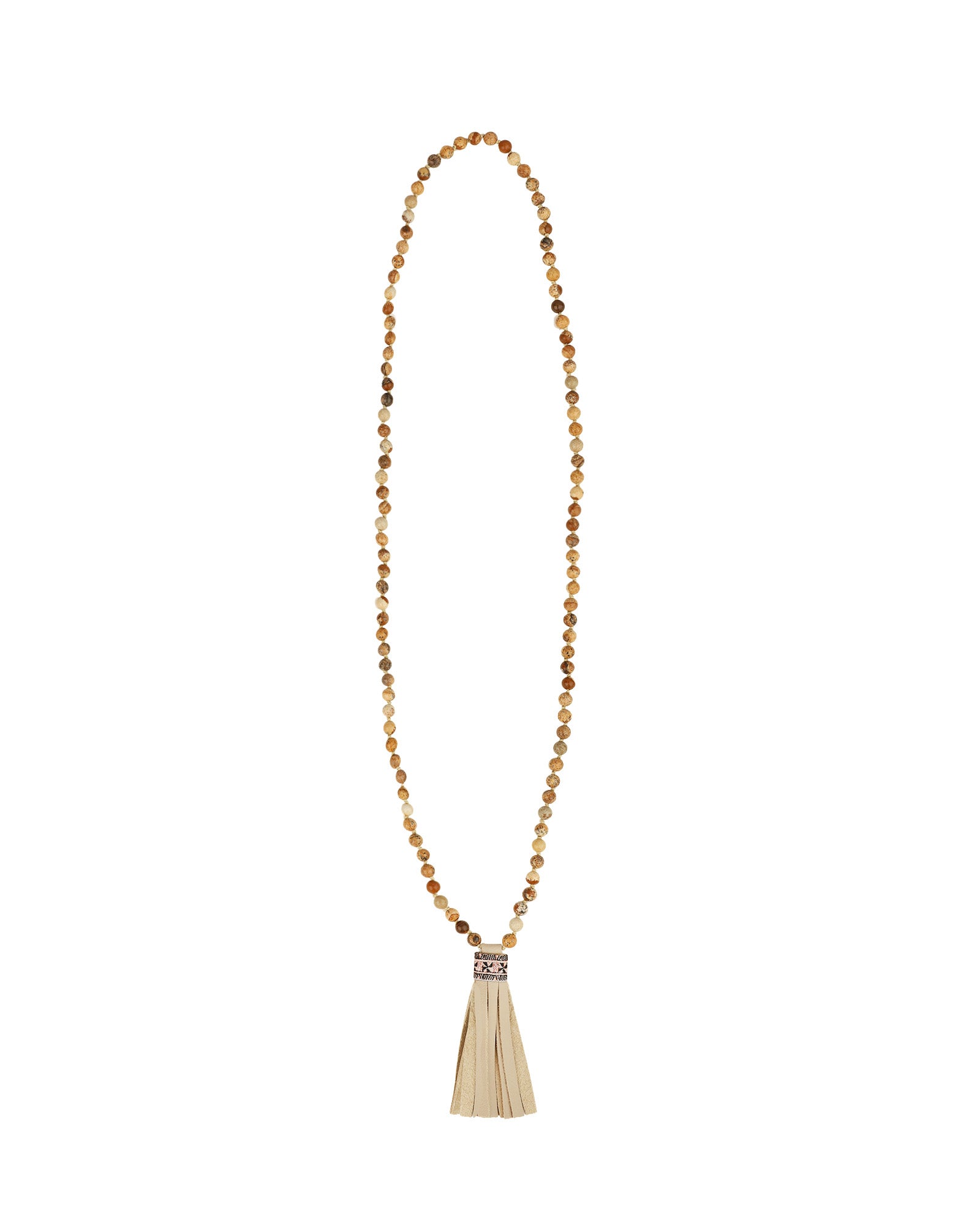 Mala Tassle Necklace 14k Gold Filled, Brown Opal, Leather