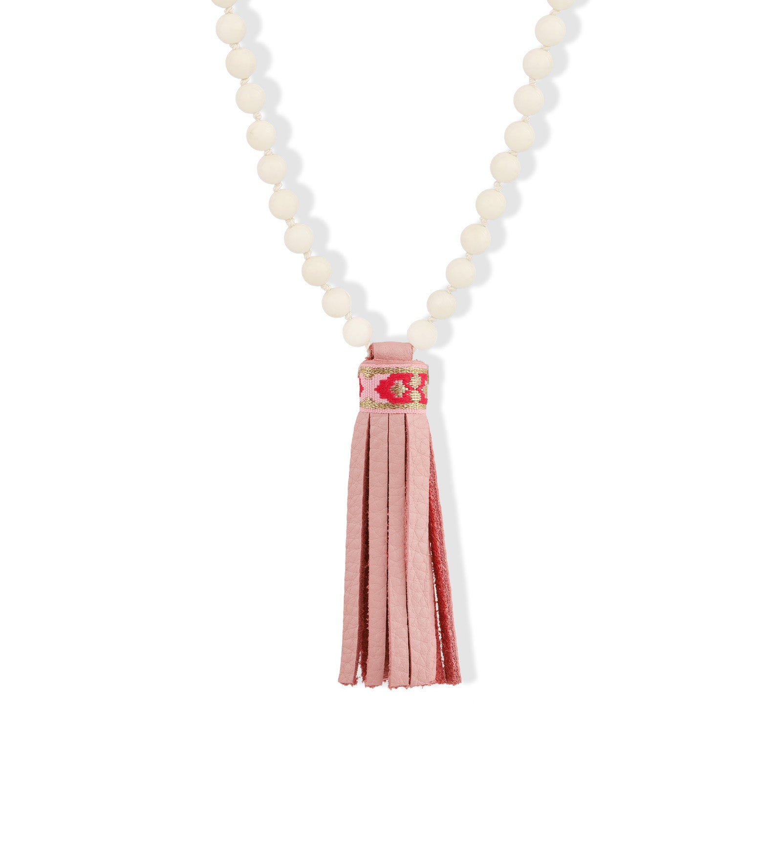Naimaz-Mala Tassel Necklace | 6mm-Necklaces-White Coral, Leather-Blue Ruby Jewellery-Vancouver Canada