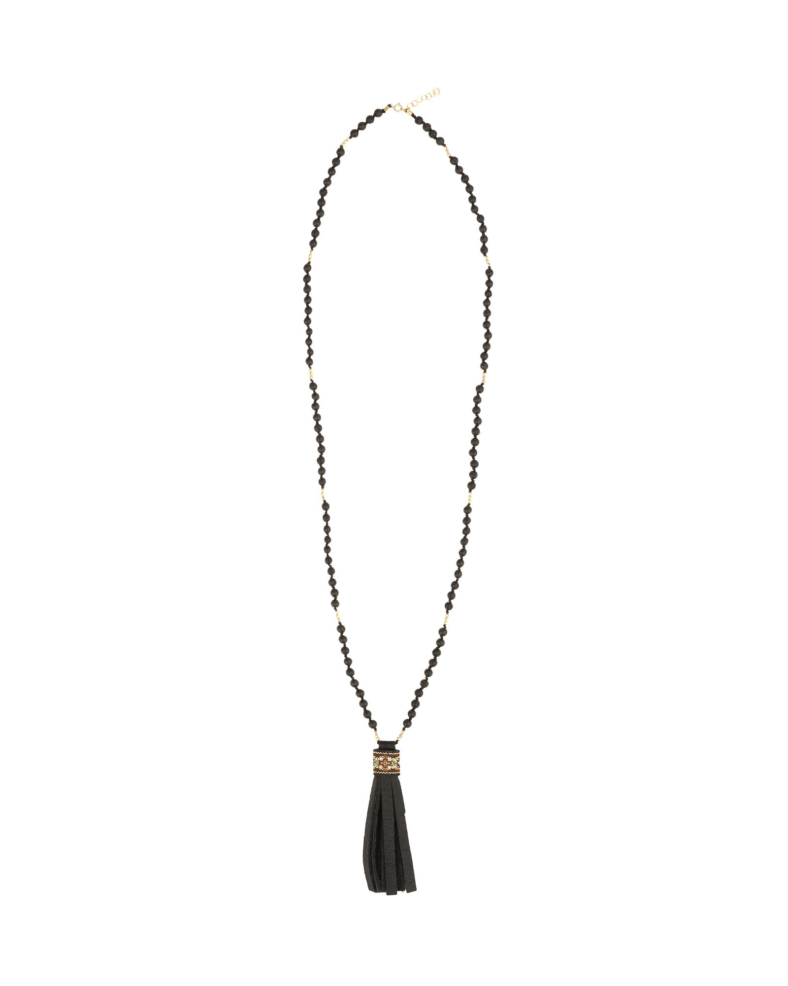 Mala Tassle Necklace 14k Gold Filled, Lava Bead, Leather
