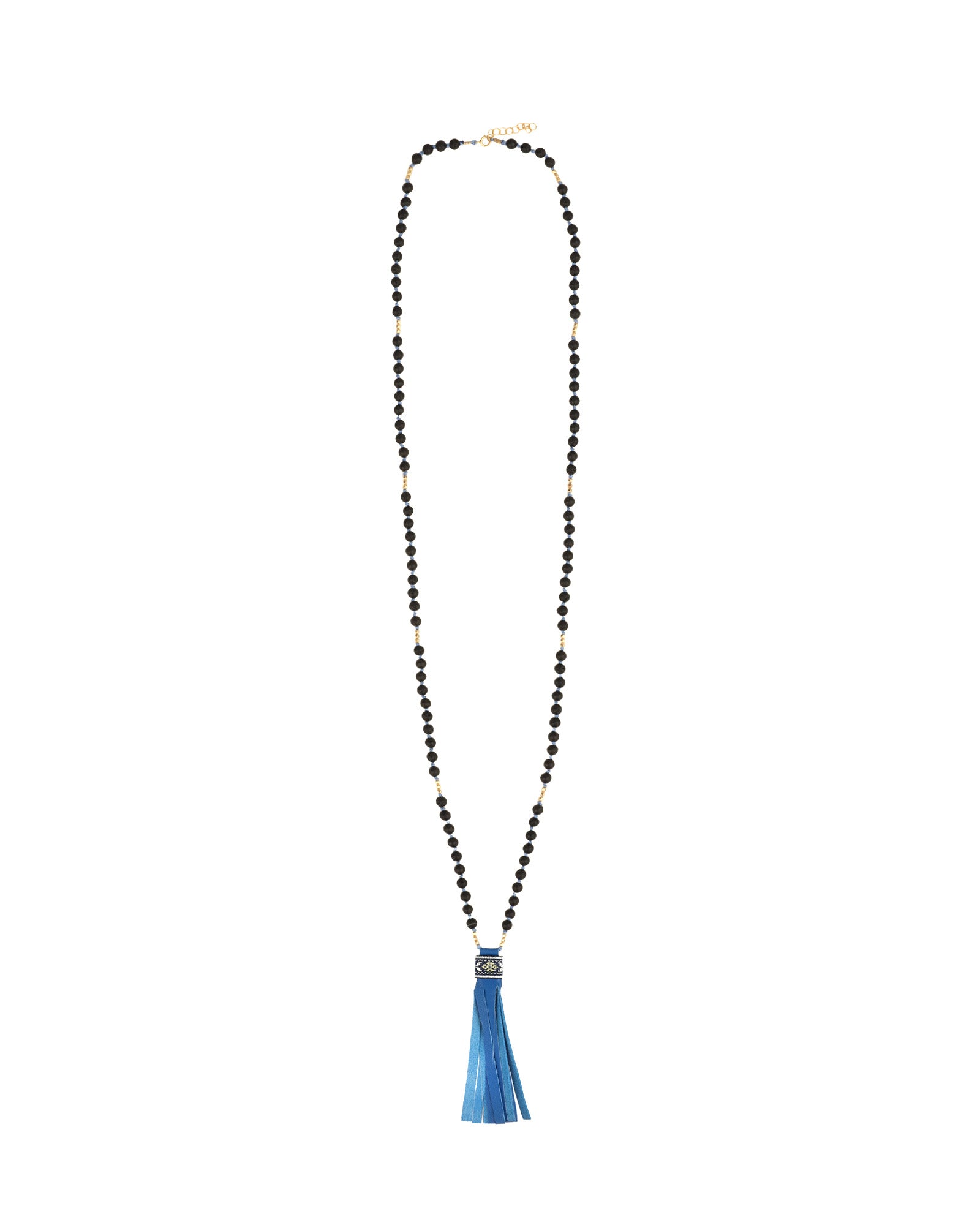 Mala Tassle Necklace 14k Gold Filled, Lava Bead, Leather