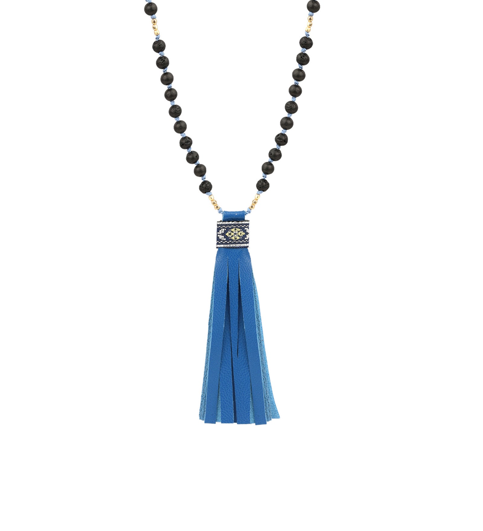 Mala Tassle Necklace 14k Gold Filled, Lava Bead, Leather