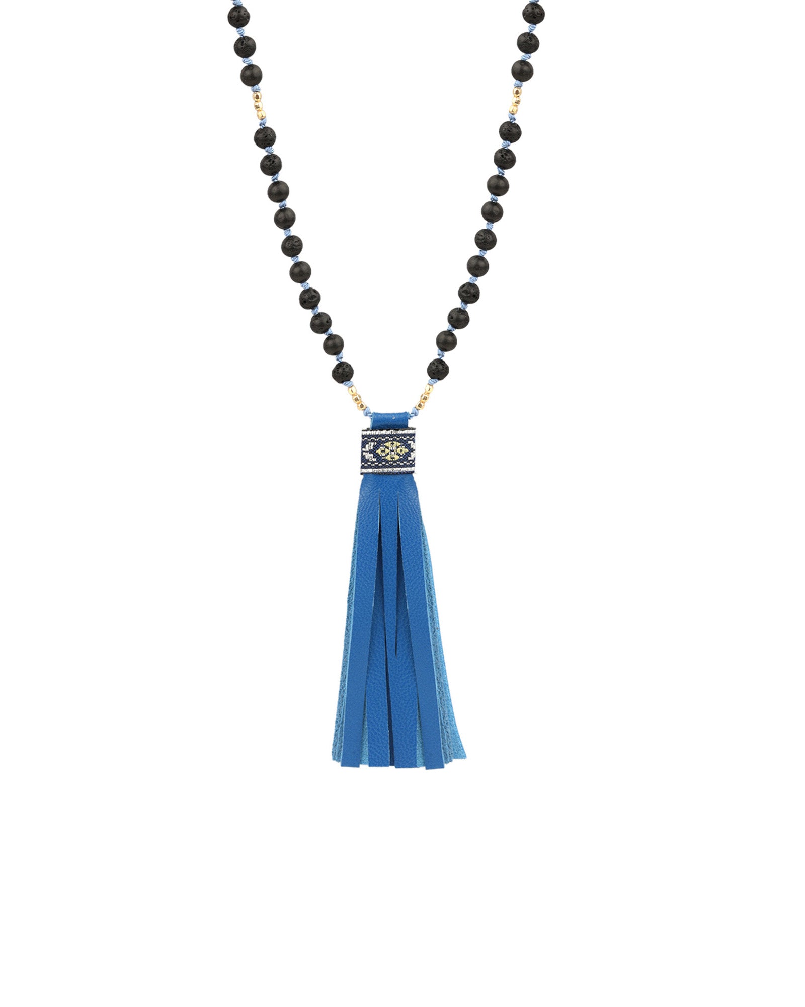 Mala Tassle Necklace 14k Gold Filled, Lava Bead, Leather