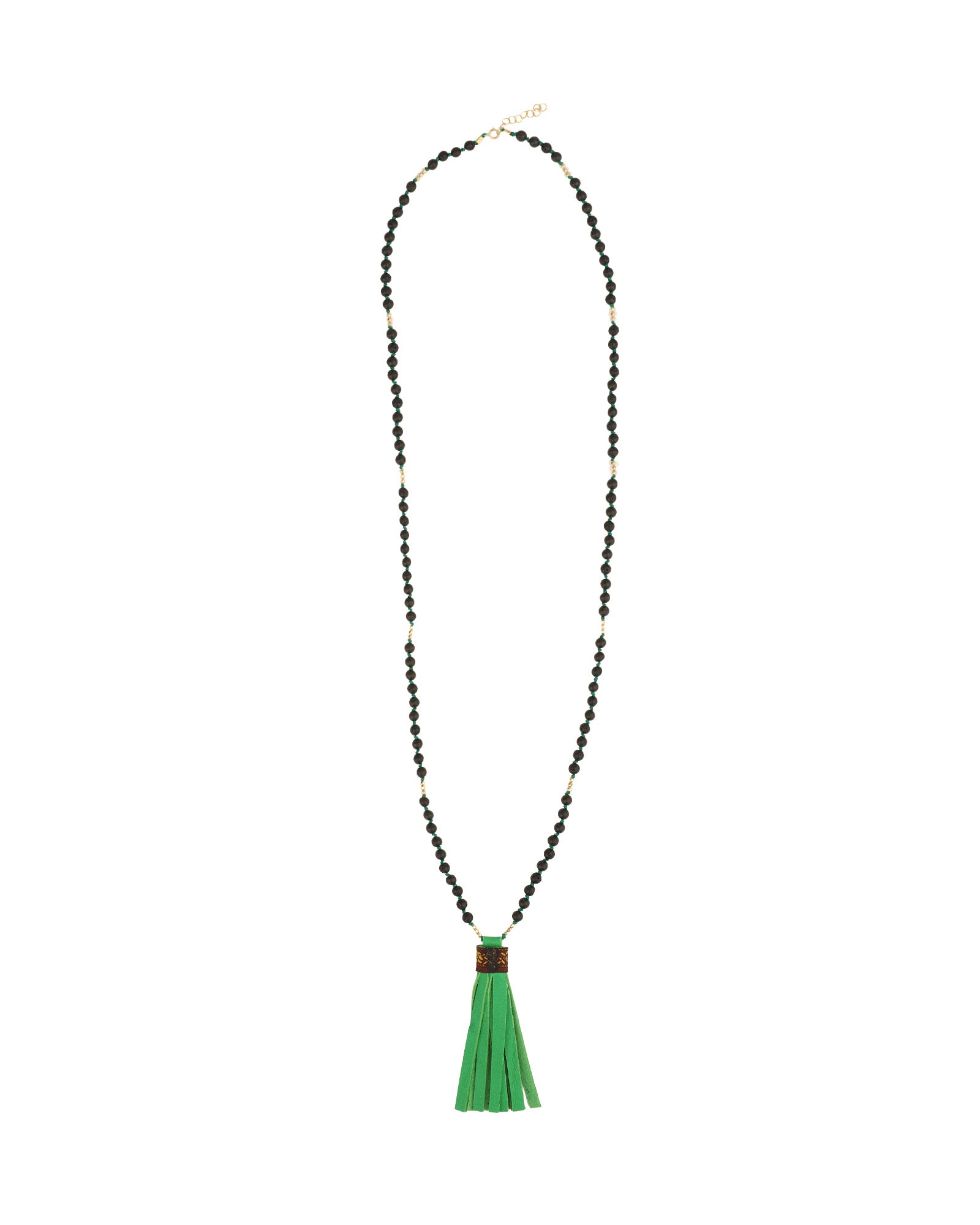 Mala Tassle Necklace 14k Gold Filled, Lava Bead, Leather