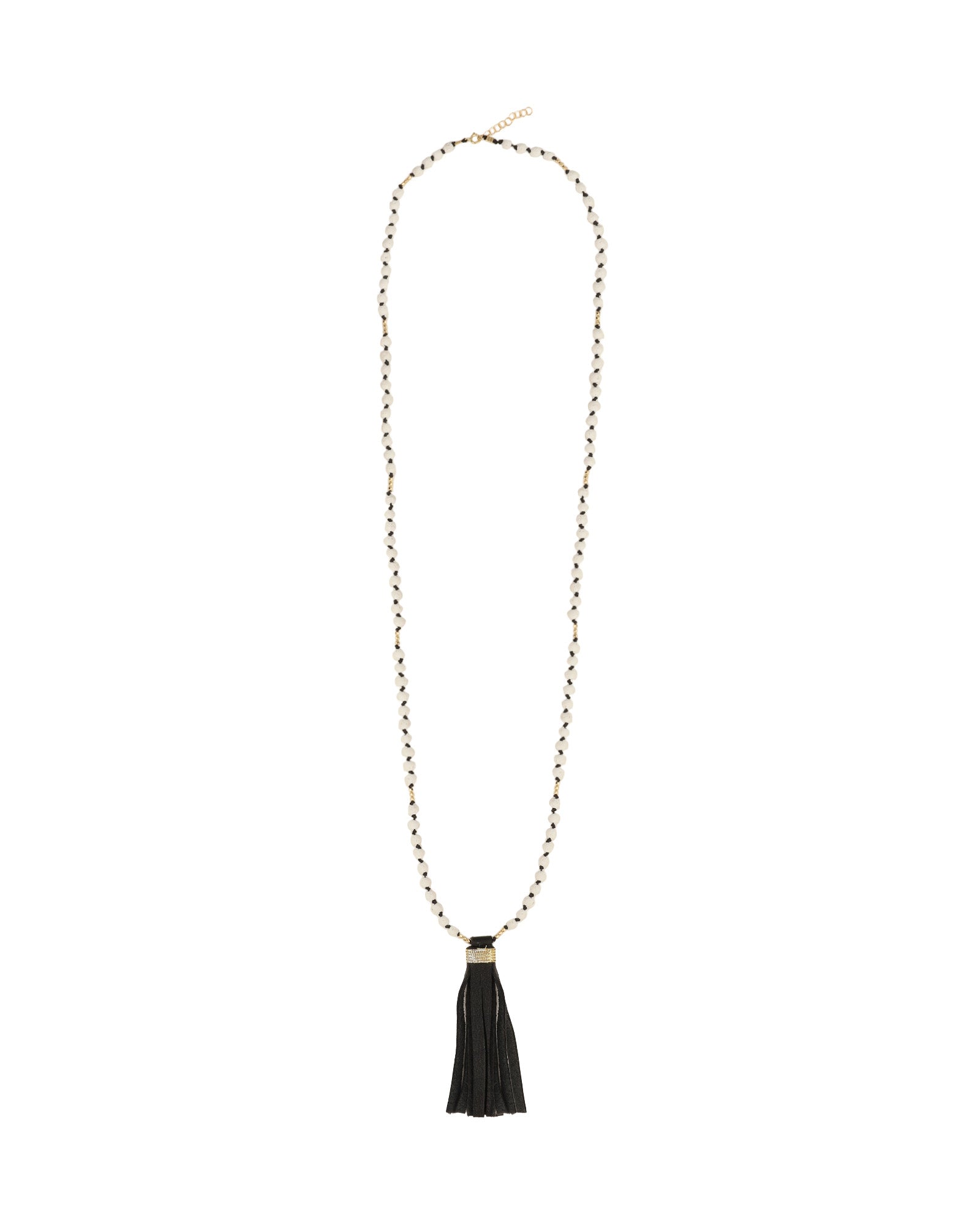 Mala Tassle Necklace 14k Gold Filled, White Coral, Leather