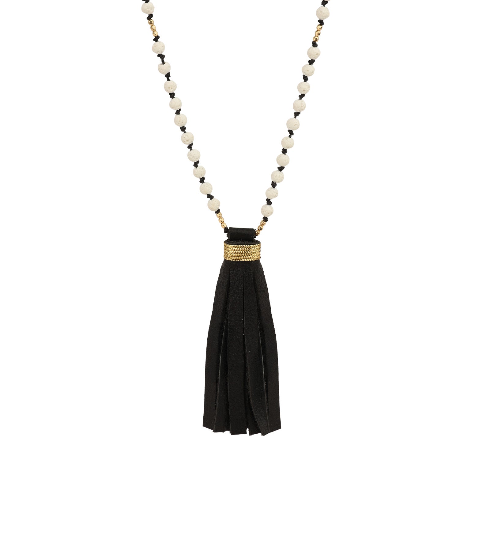 Mala Tassle Necklace 14k Gold Filled, White Coral, Leather