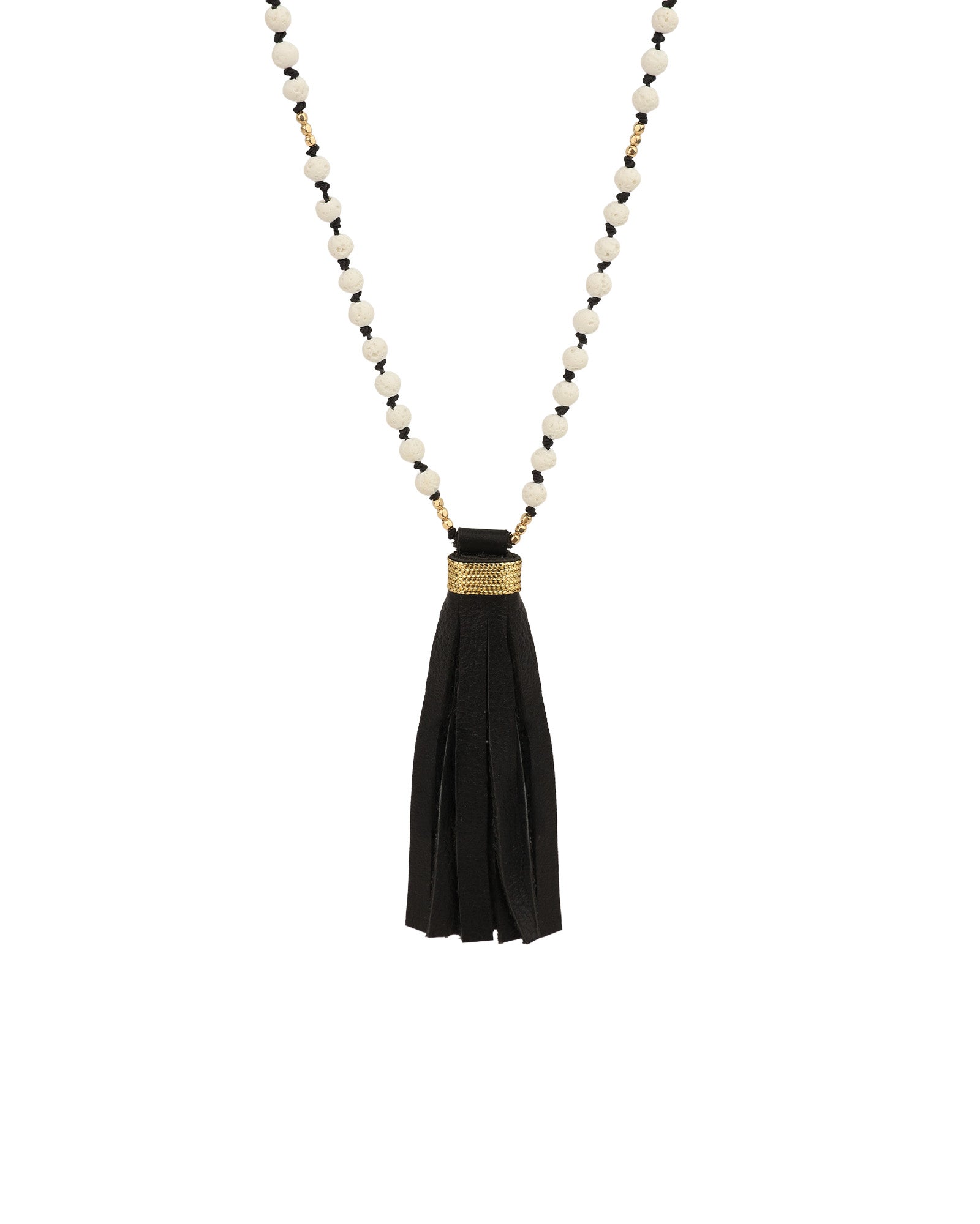 Mala Tassle Necklace 14k Gold Filled, White Coral, Leather