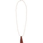 Mala Tassle Necklace 14k Gold Filled, White Coral, Leather