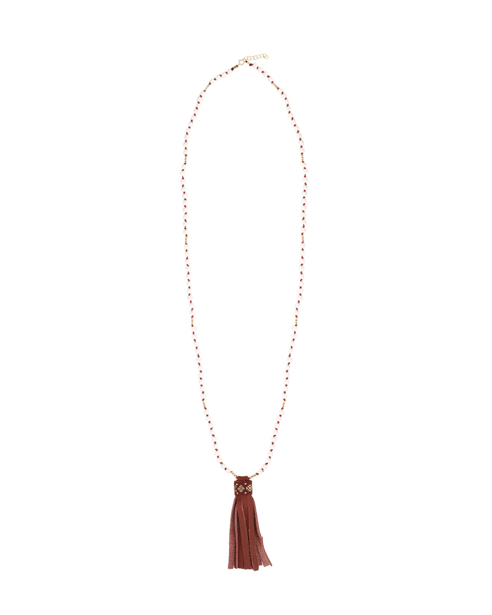 Mala Tassle Necklace 14k Gold Filled, White Coral, Leather
