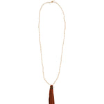 Mala Tassle Necklace 14k Gold Filled, White Coral, Leather