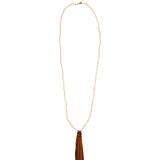 Mala Tassle Necklace 14k Gold Filled, White Coral, Leather