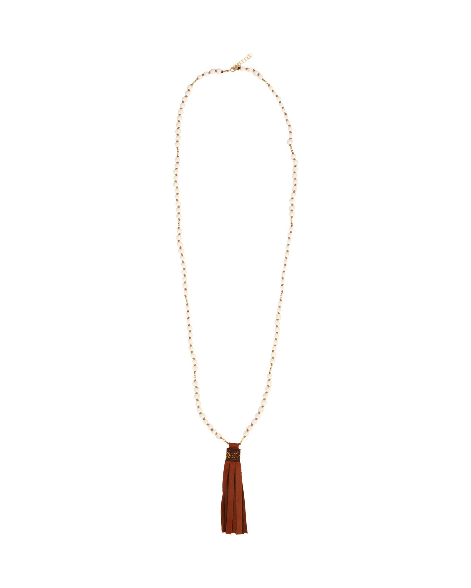 Mala Tassle Necklace 14k Gold Filled, White Coral, Leather