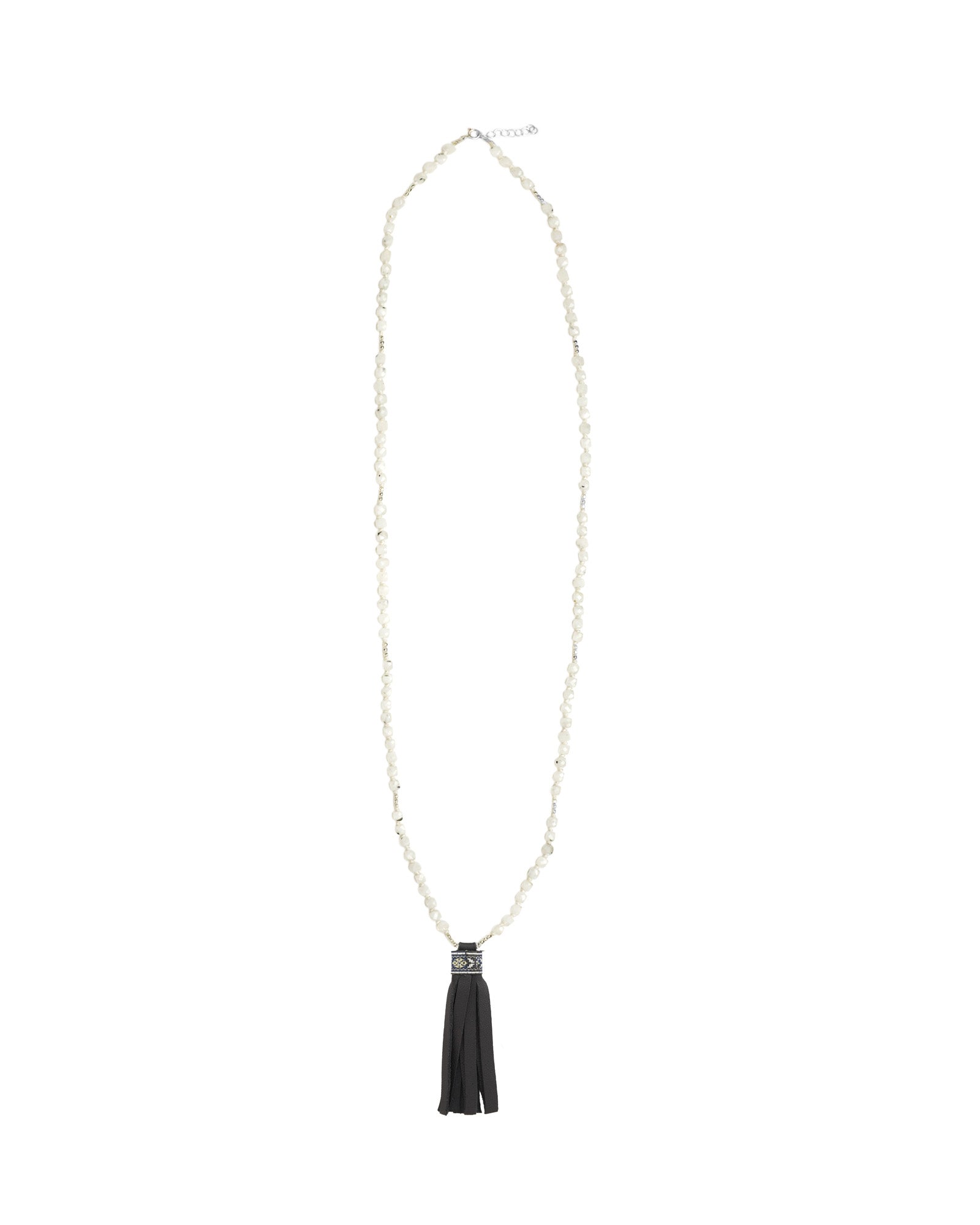 Mala Tassle Necklace Sterling Silver, Moonstone, Leather