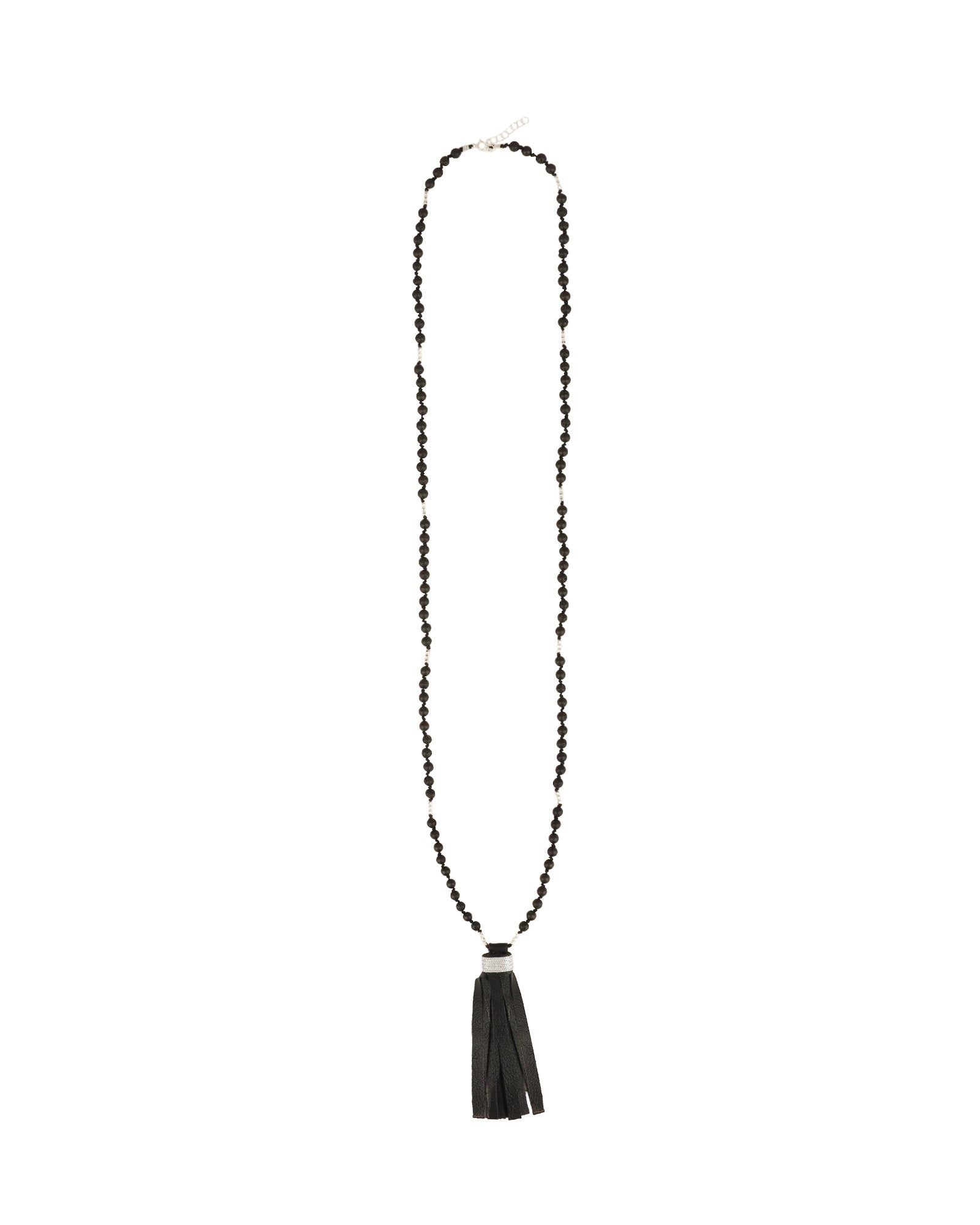 Mala Tassle Necklace Sterling Silver, Lava Bead