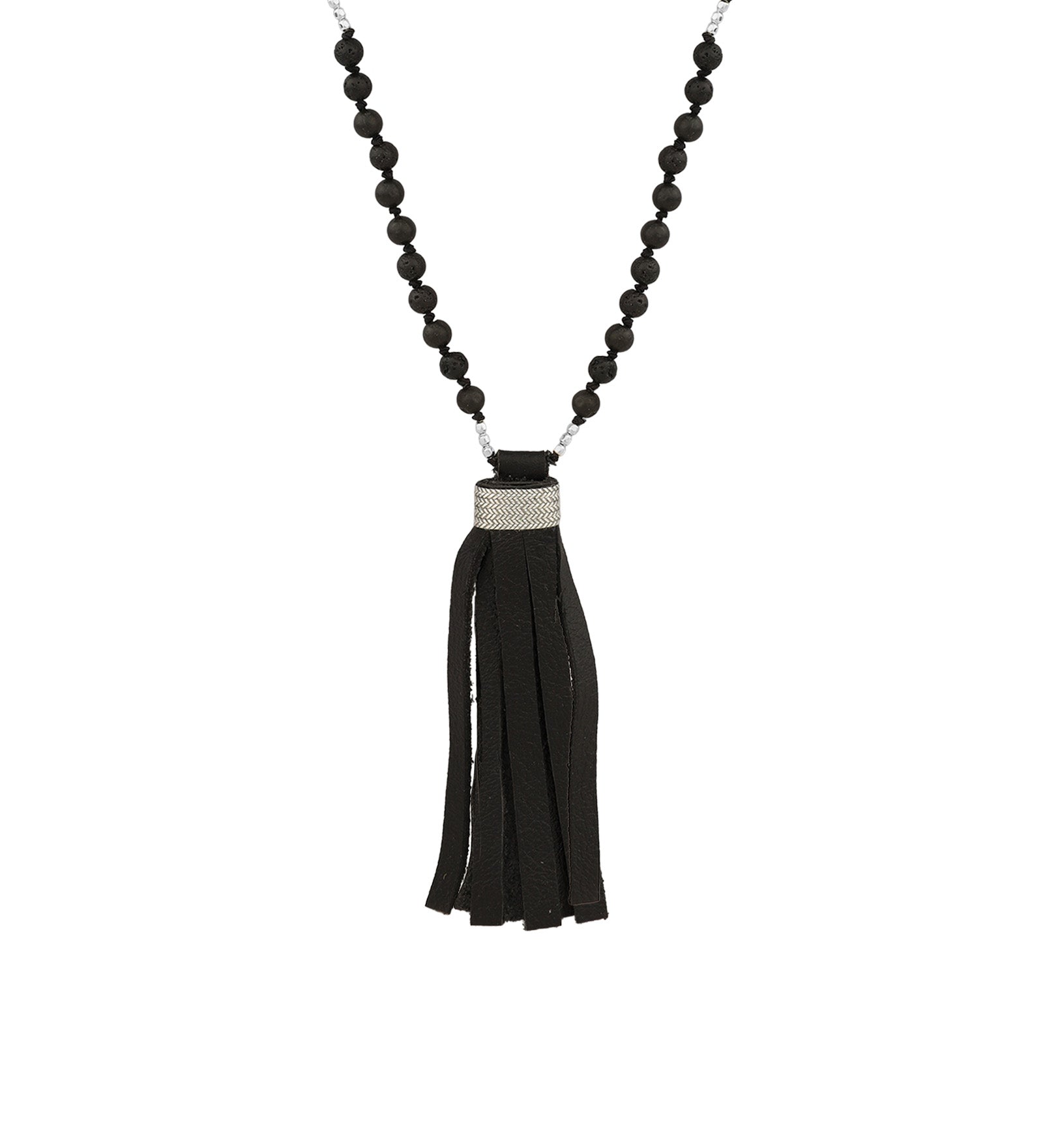 Mala Tassle Necklace Sterling Silver, Lava Bead
