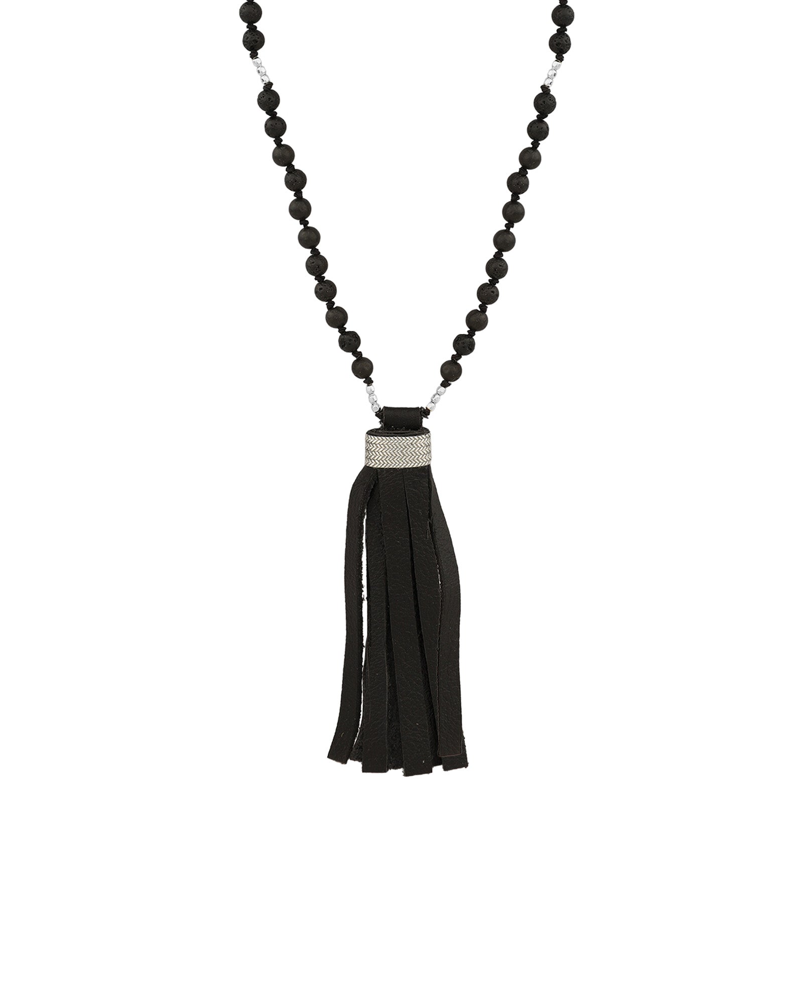 Mala Tassle Necklace Sterling Silver, Lava Bead