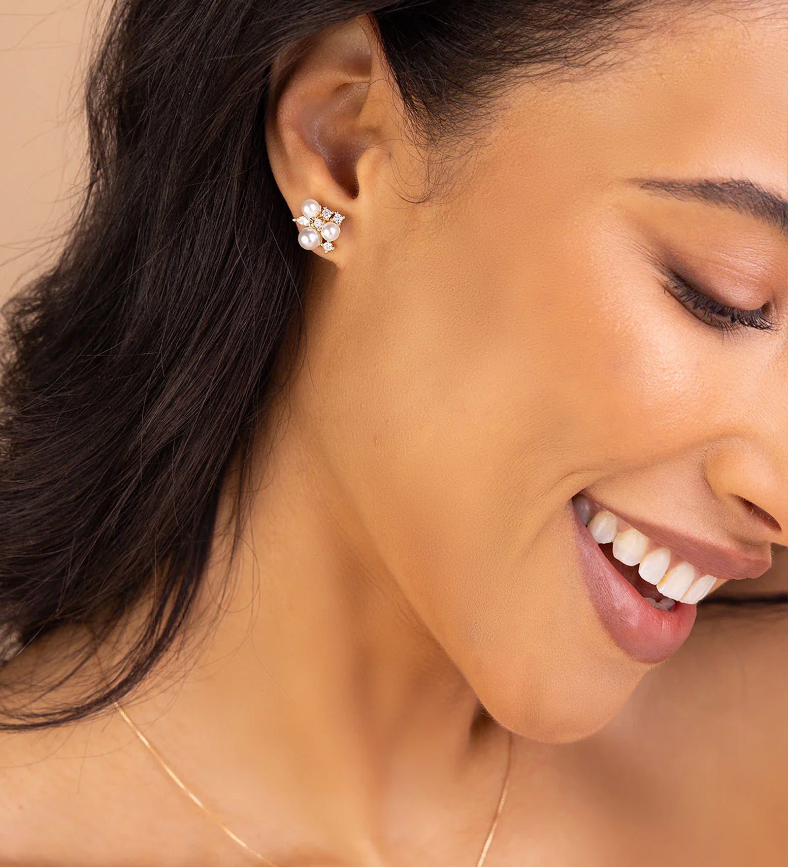 Chantal Studs 14k Gold Plated, Cubic Zirconia, White Pearl