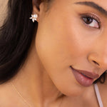 Sandra Studs 14k Gold Plated, Cubic Zirconia, White Pearl