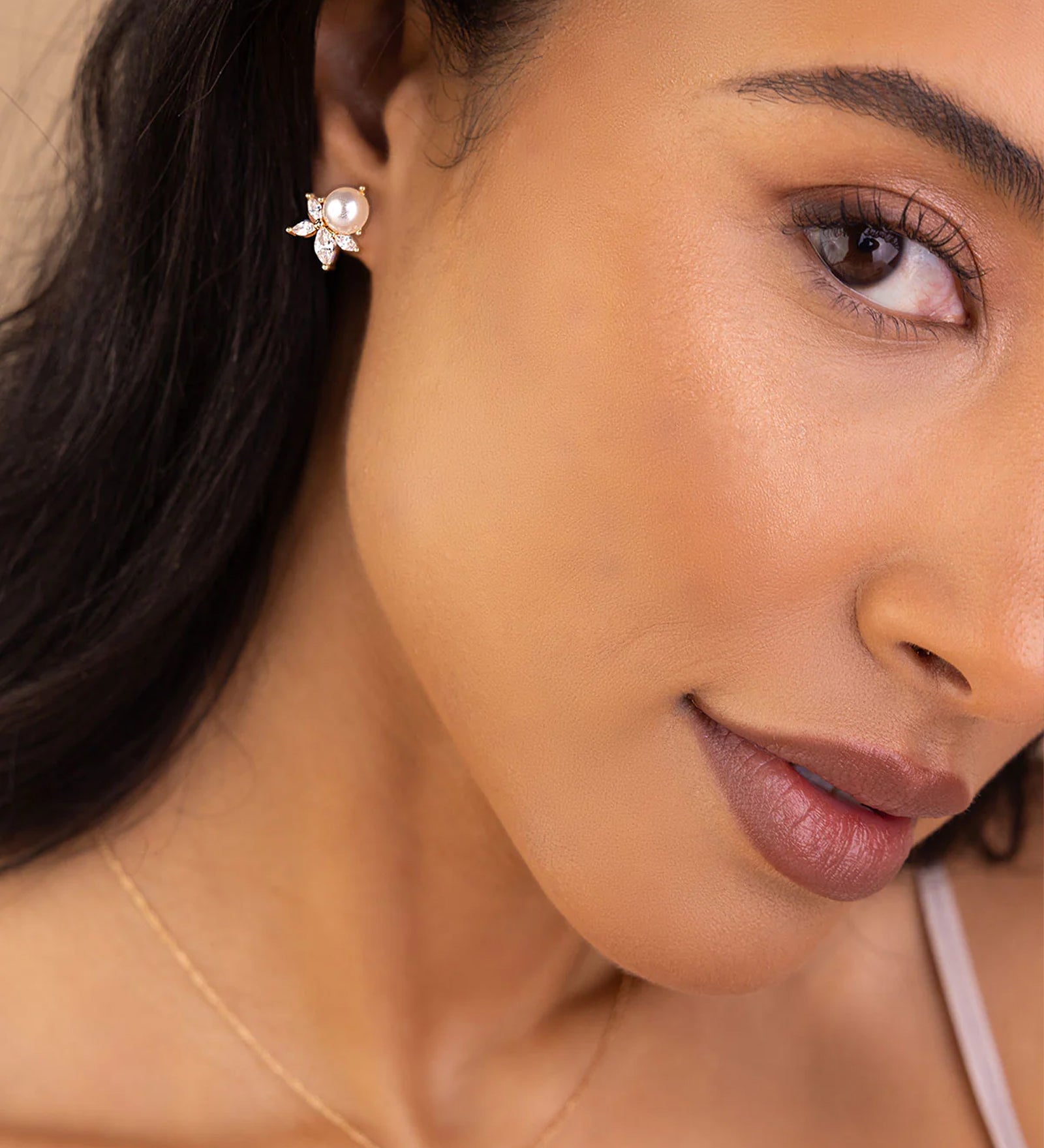 Sandra Studs 14k Gold Plated, Cubic Zirconia, White Pearl