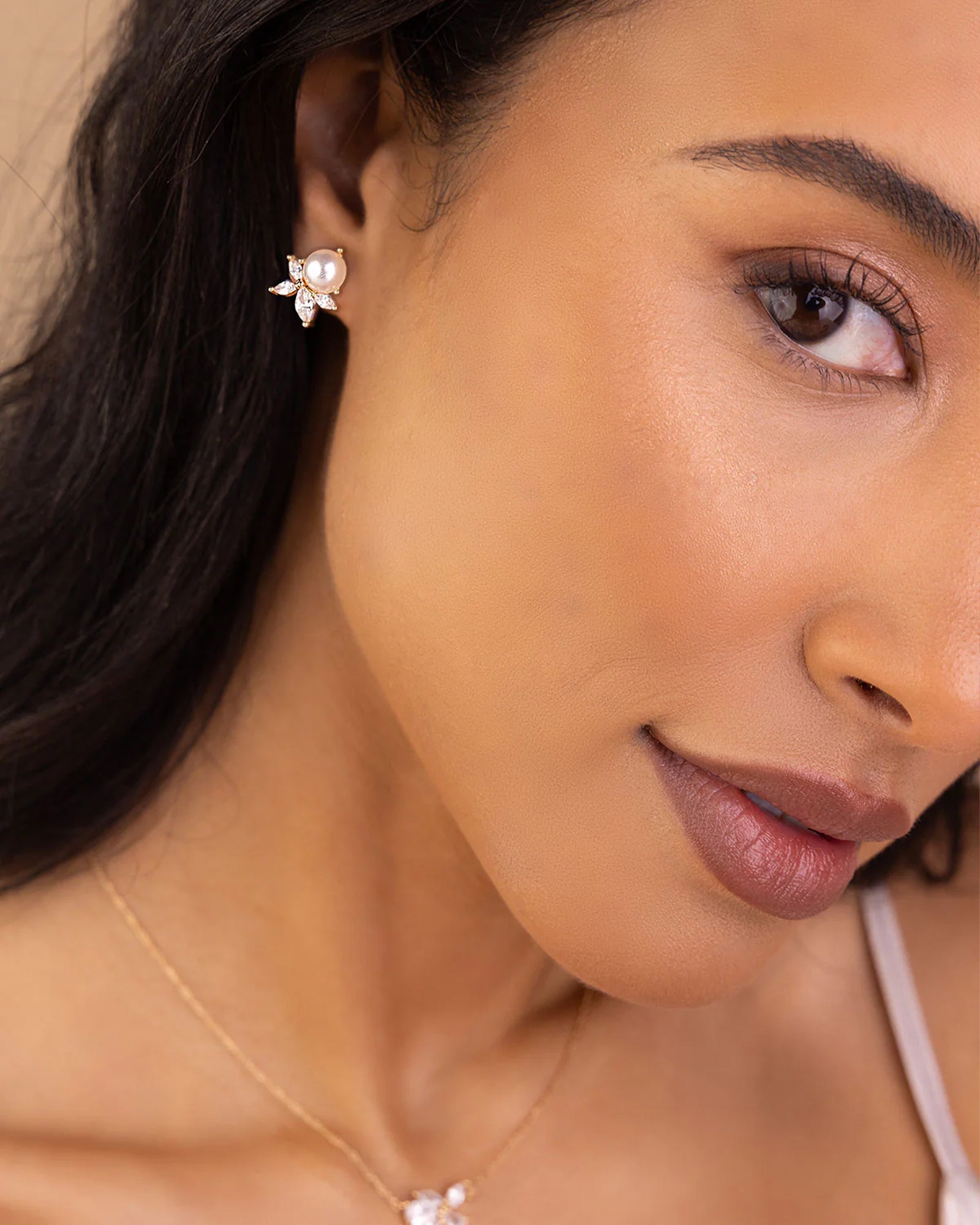 Sandra Studs 14k Gold Plated, Cubic Zirconia, White Pearl