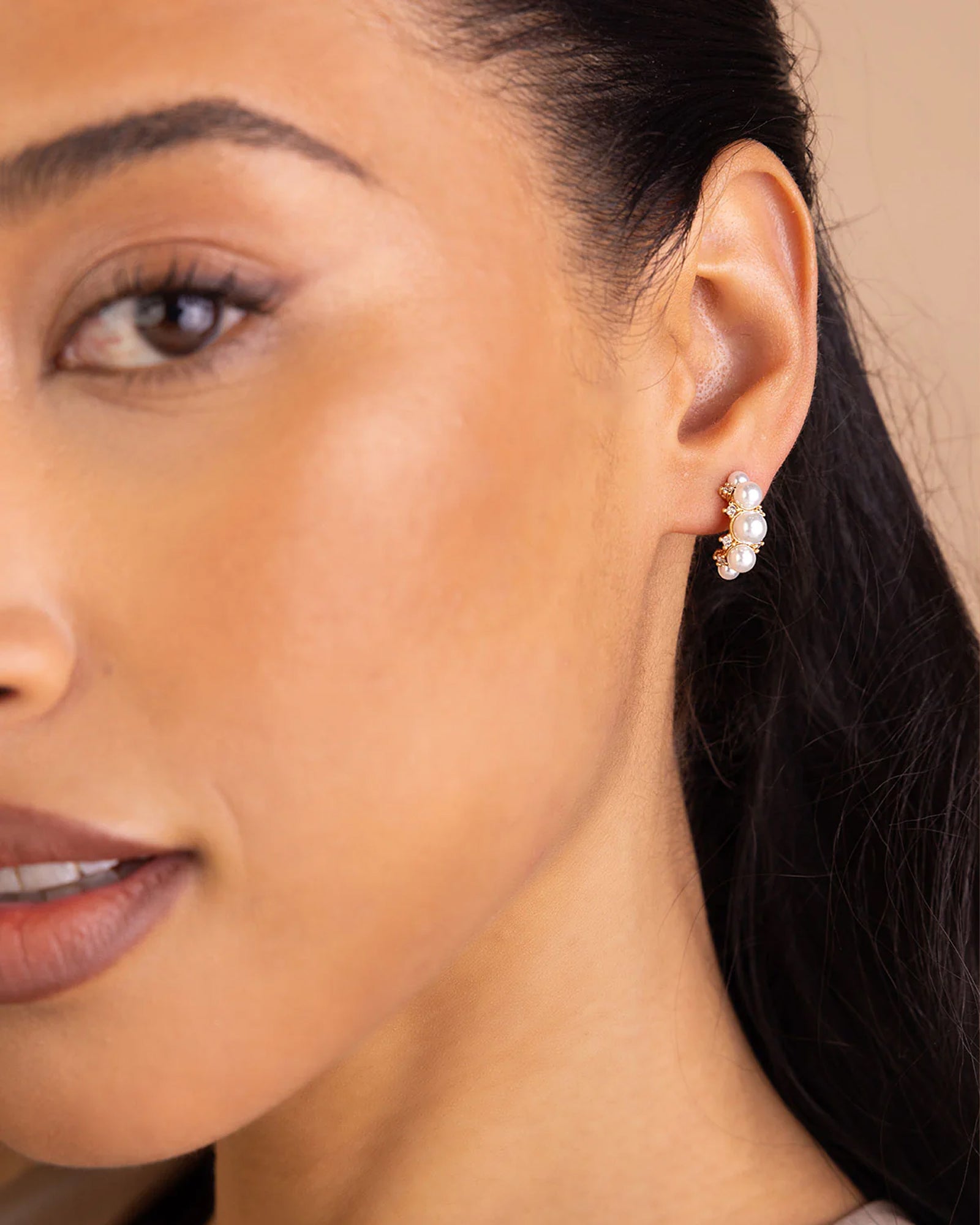 Elle Hoops 14k Gold Plated, Cubic Zirconia, White Pearl