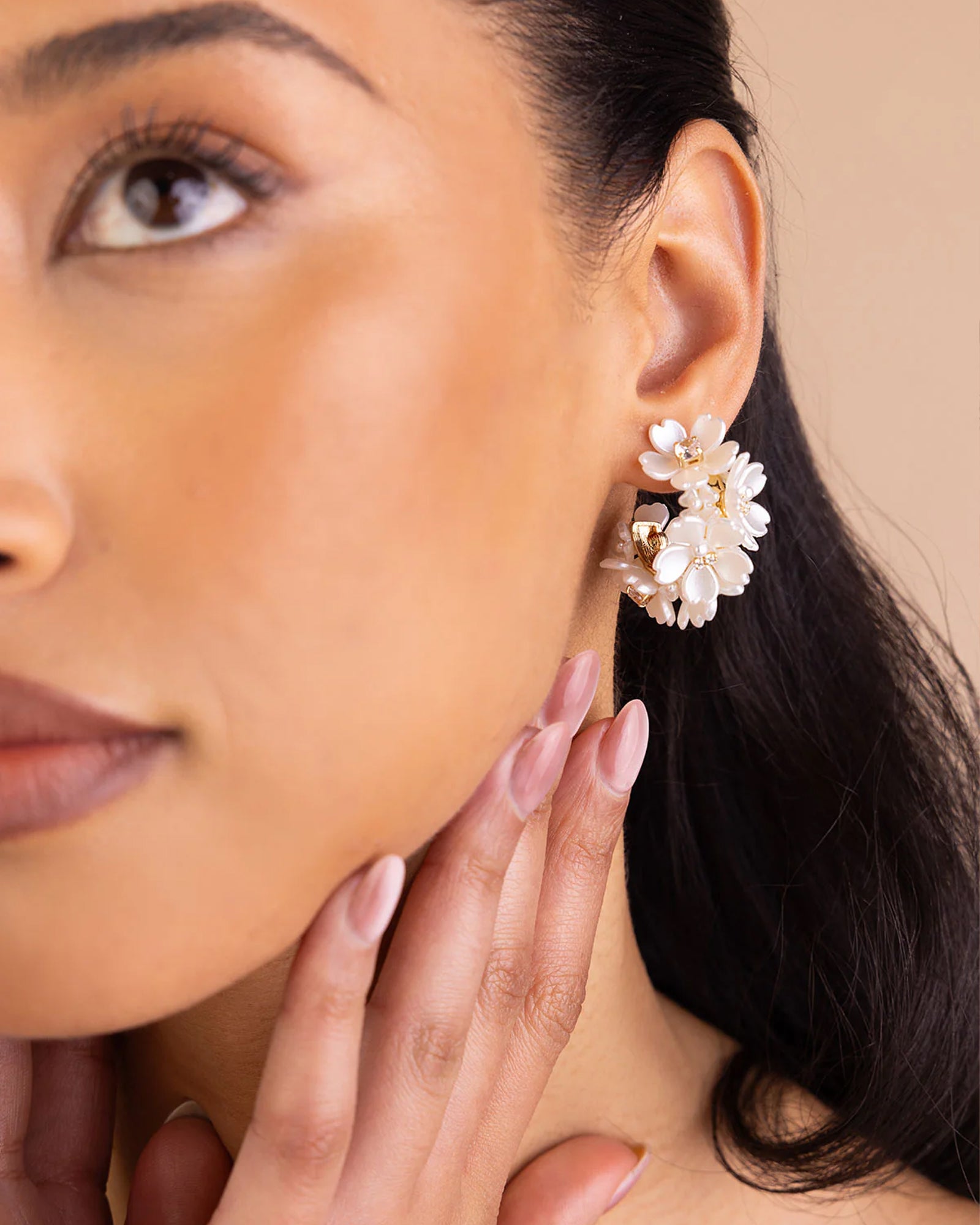 Fiona Hoops 14k Gold Plated, Cubic Zirconia, White Pearl