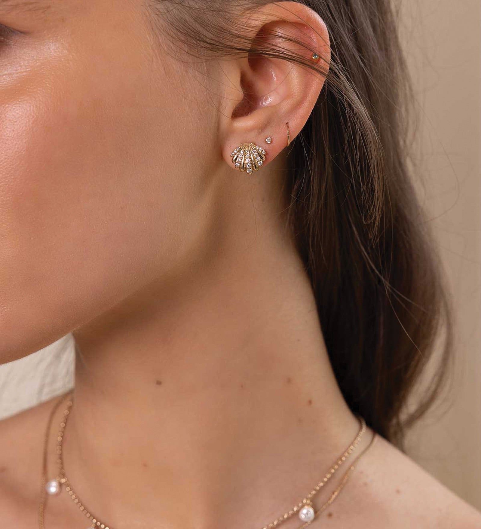 Coquille Studs 14k Gold Plated, Cubic Zirconia