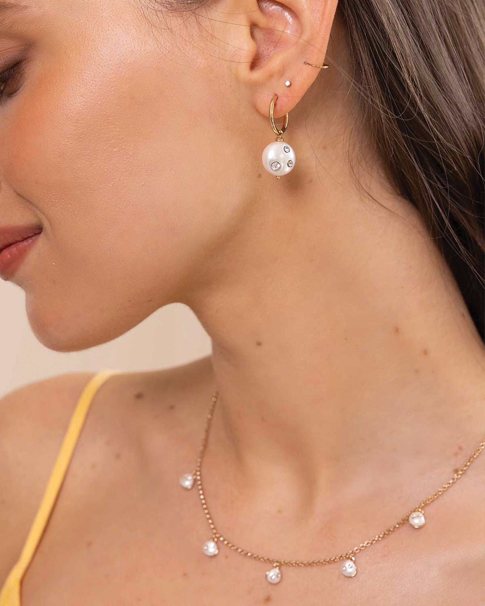Marnie Earrings 14k Gold Plated, Cubic Zirconia, White Pearl