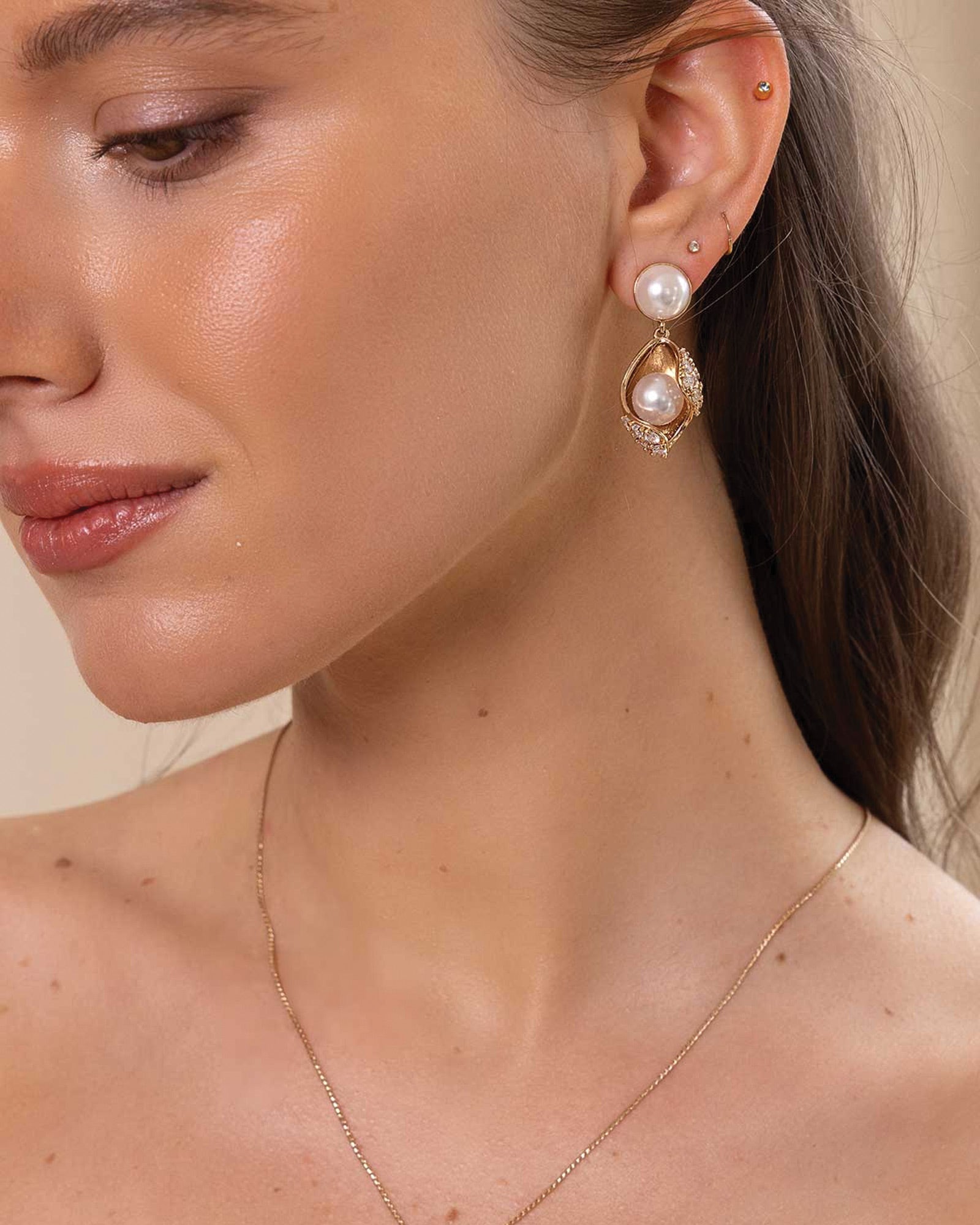 Neryda Drops 14k Gold Plated, Cubic Zirconia, White Pearl