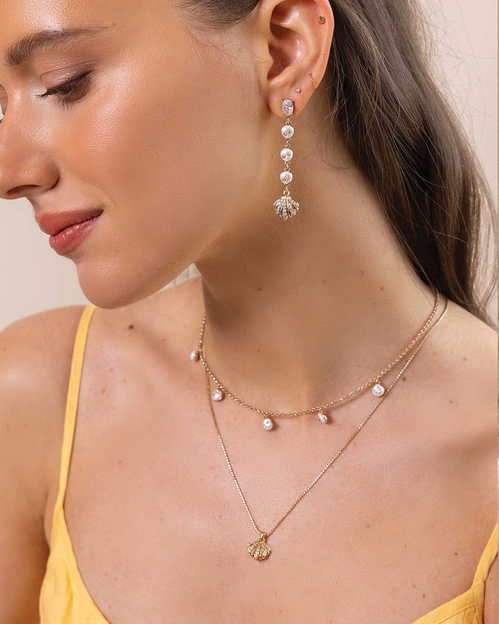 Sereia Earrings 14k Gold Plated, Cubic Zirconia, White Pearl