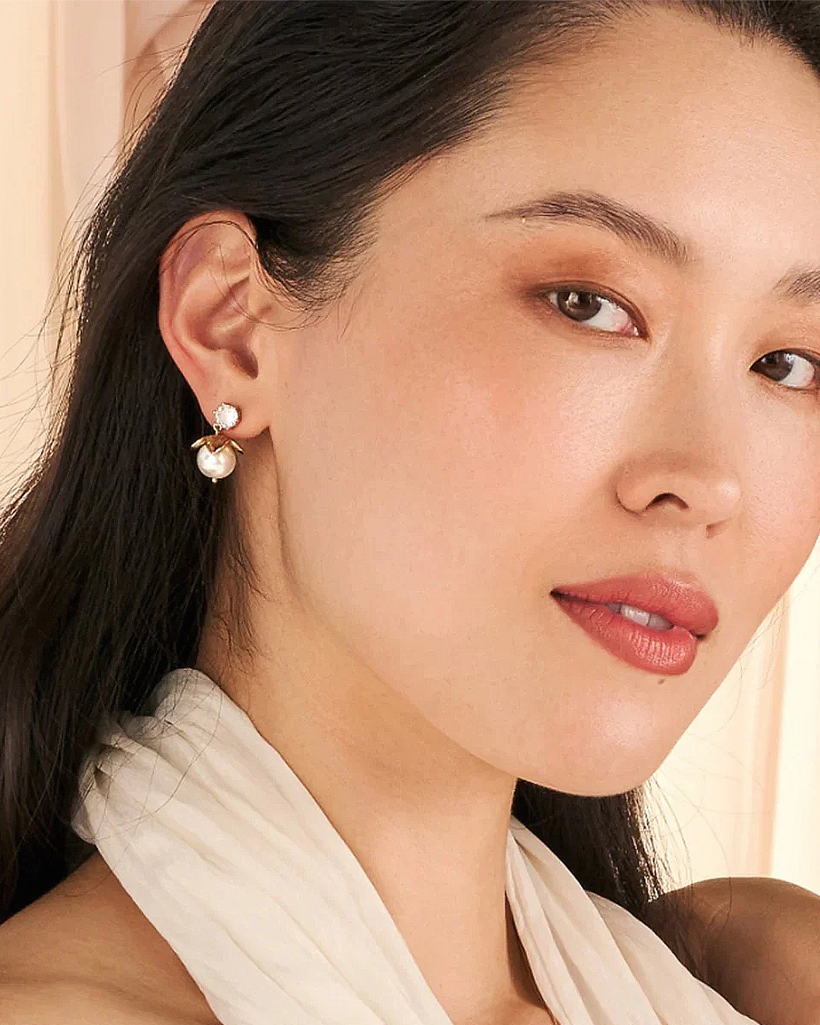 Lainey Drop Earrings 14k Gold Plated, Cubic Zirconia, Pearl